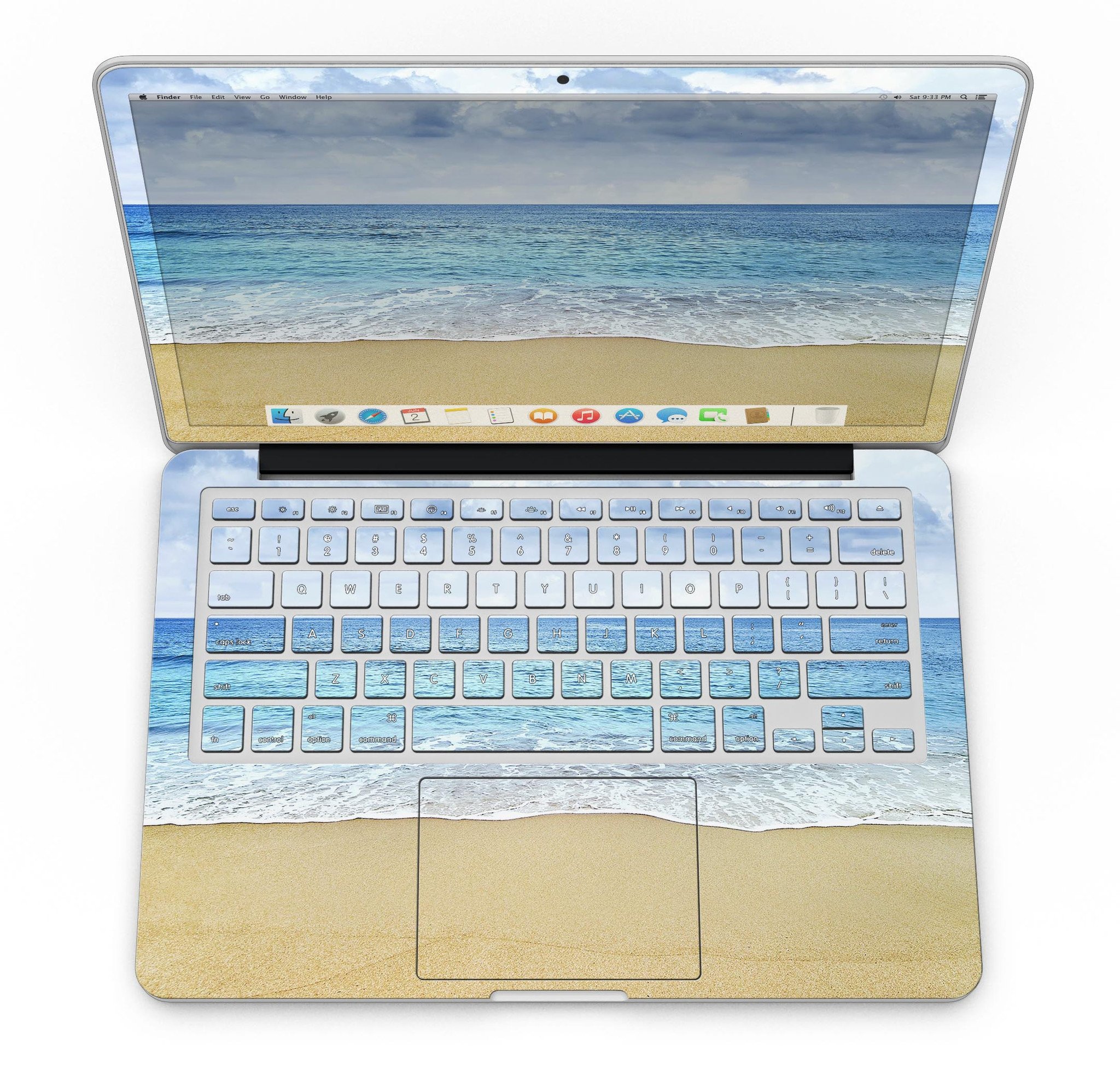 Calm Blue Sky and Sea Shore design skin for MacBook Pro with Retina Display, showcasing vibrant colors and a sleek fit.