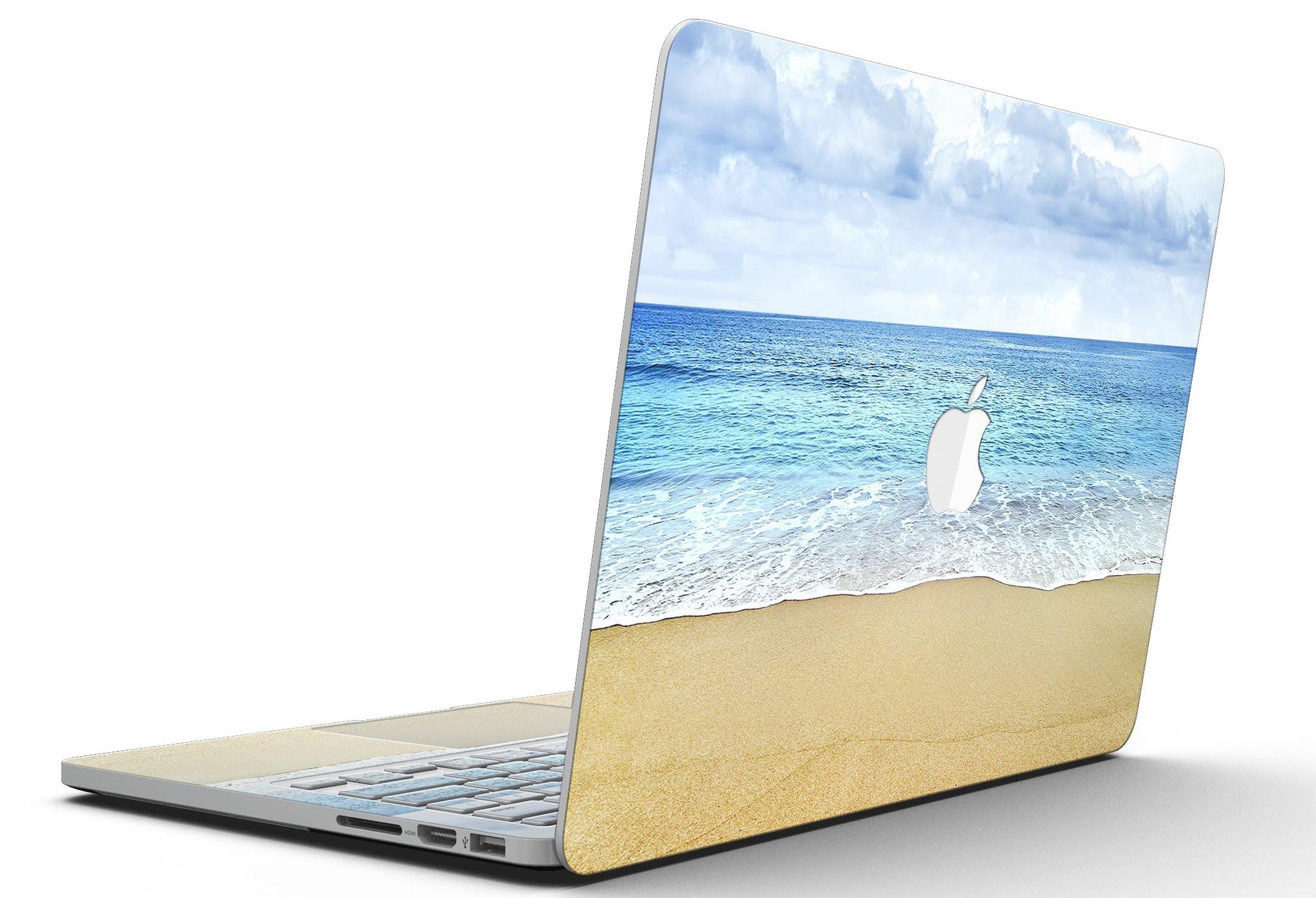 Calm Blue Sky and Sea Shore design skin for MacBook Pro with Retina Display, showcasing vibrant colors and a sleek fit.