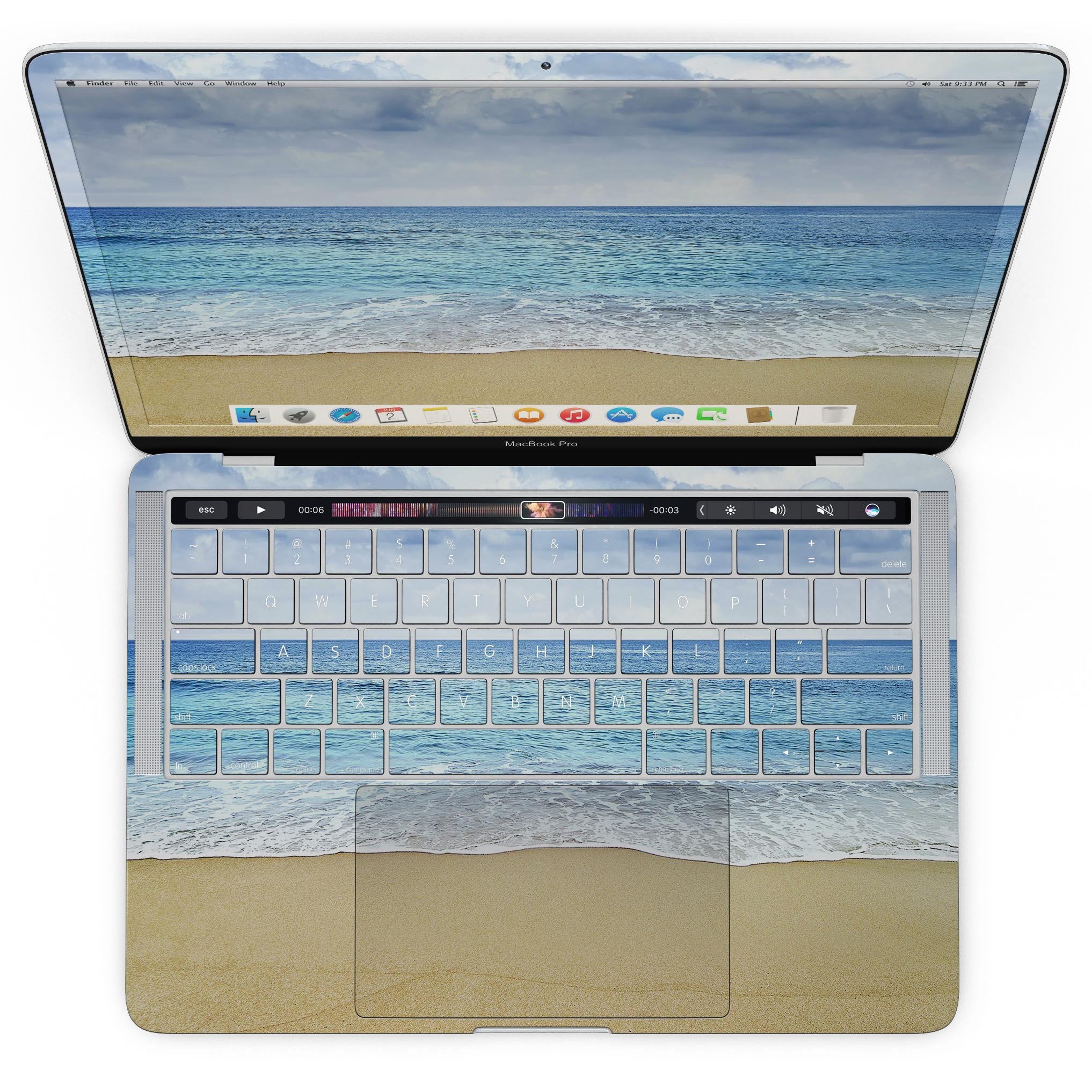 Calm Blue Sky and Sea Shore skin kit for MacBook Pro with Touch Bar, showcasing vibrant blue and sandy beach design.