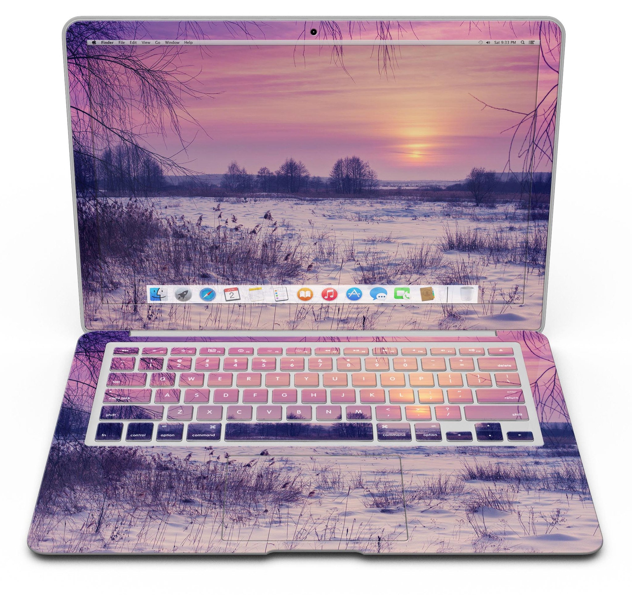 Calm Snowy Sunset MacBook Air Skin Kit showcasing a serene design with soft hues, protecting the device from scratches.