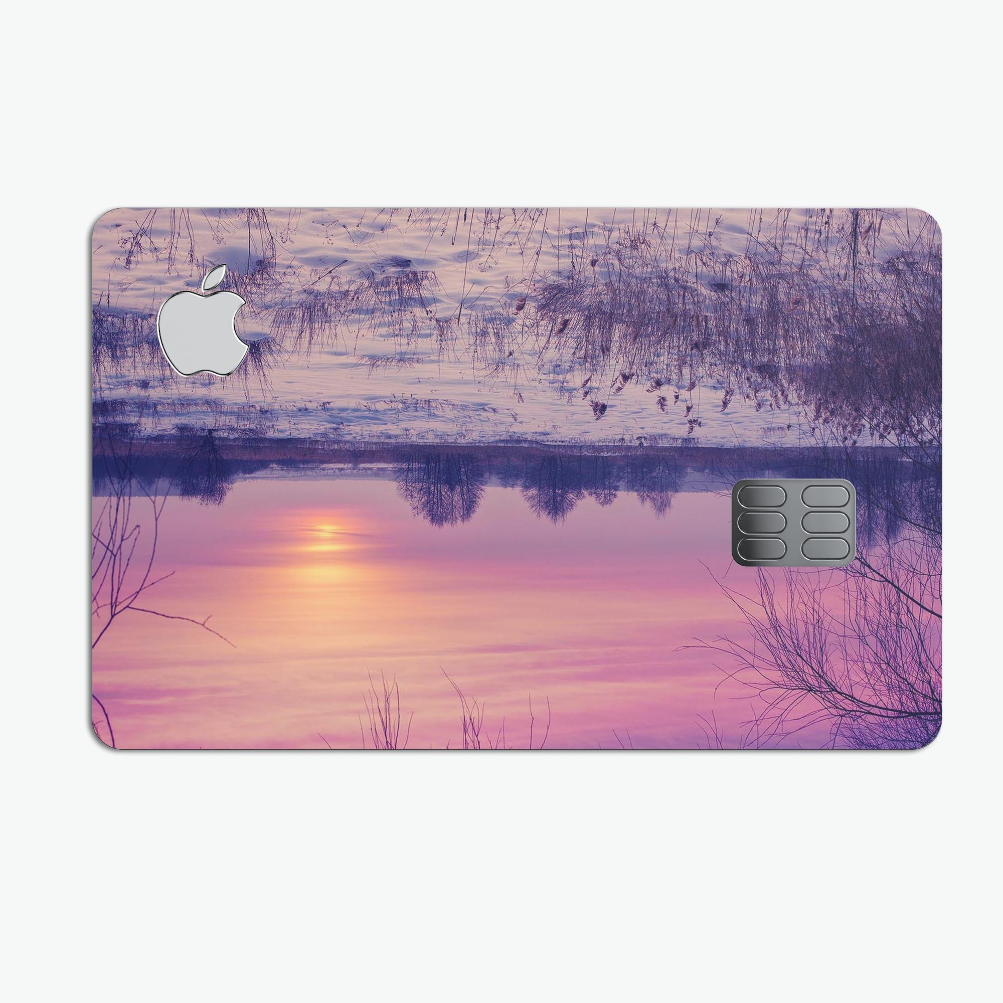 Calm Snowy Sunset decal skin for Apple Card, showcasing a beautiful design with premium vinyl material.