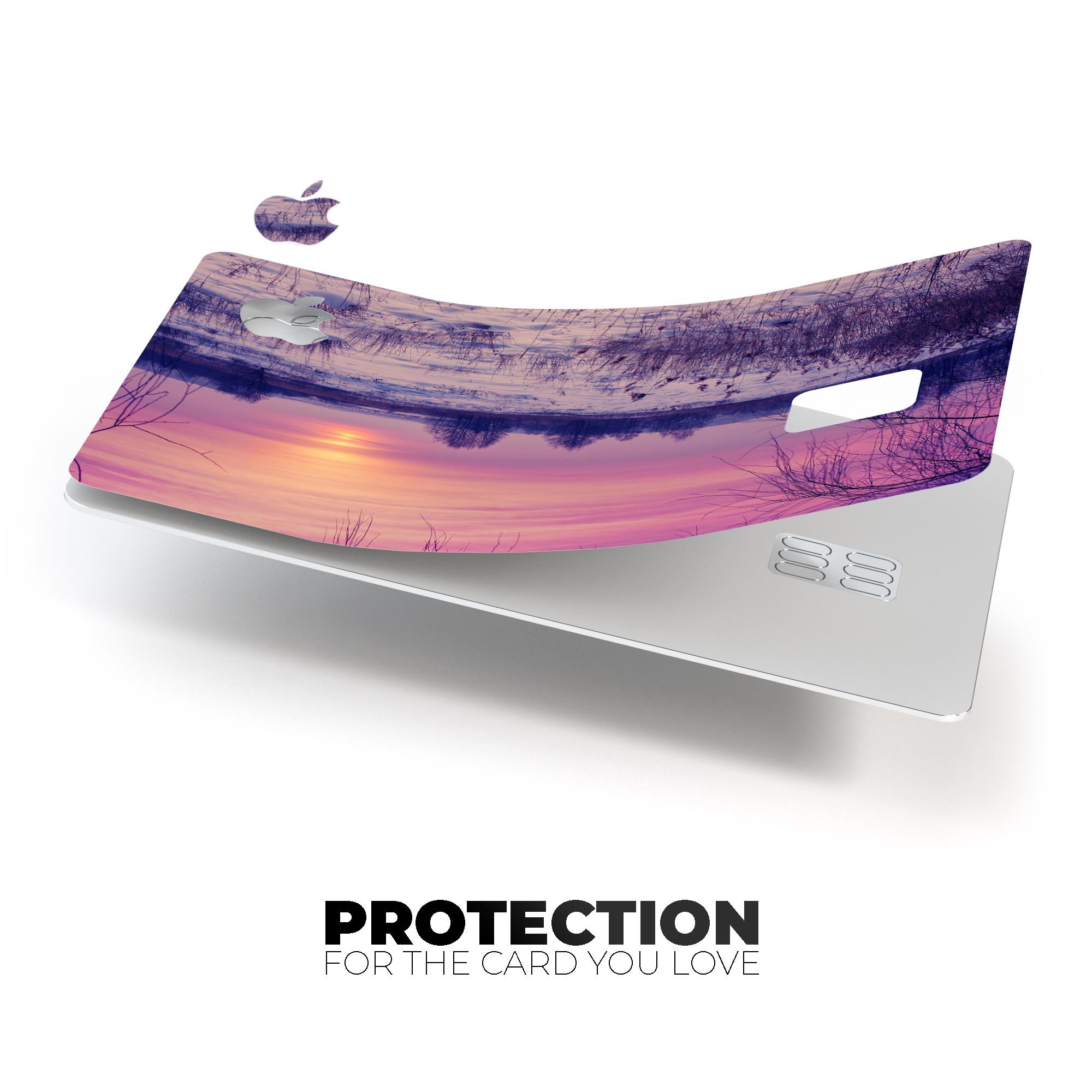 Calm Snowy Sunset decal skin for Apple Card, showcasing a beautiful design with premium vinyl material.