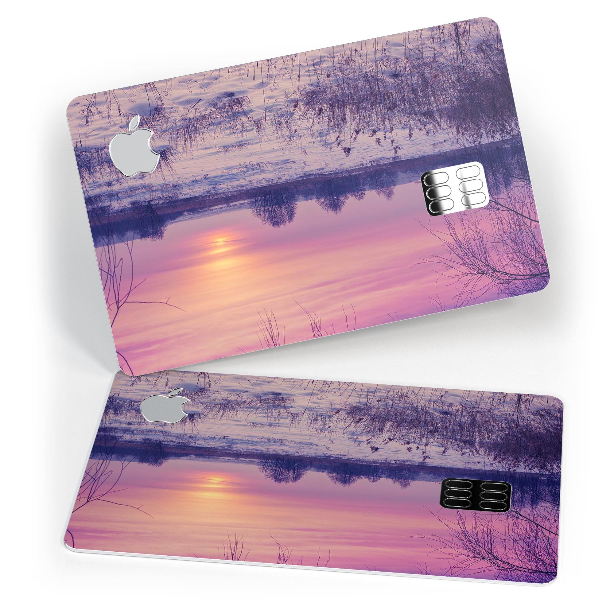 Calm Snowy Sunset decal skin for Apple Card, showcasing a beautiful design with premium vinyl material.