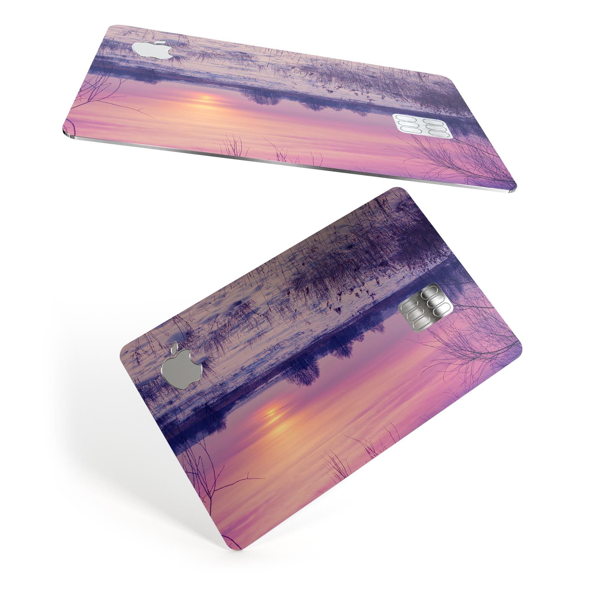 Calm Snowy Sunset decal skin for Apple Card, showcasing a beautiful design with premium vinyl material.