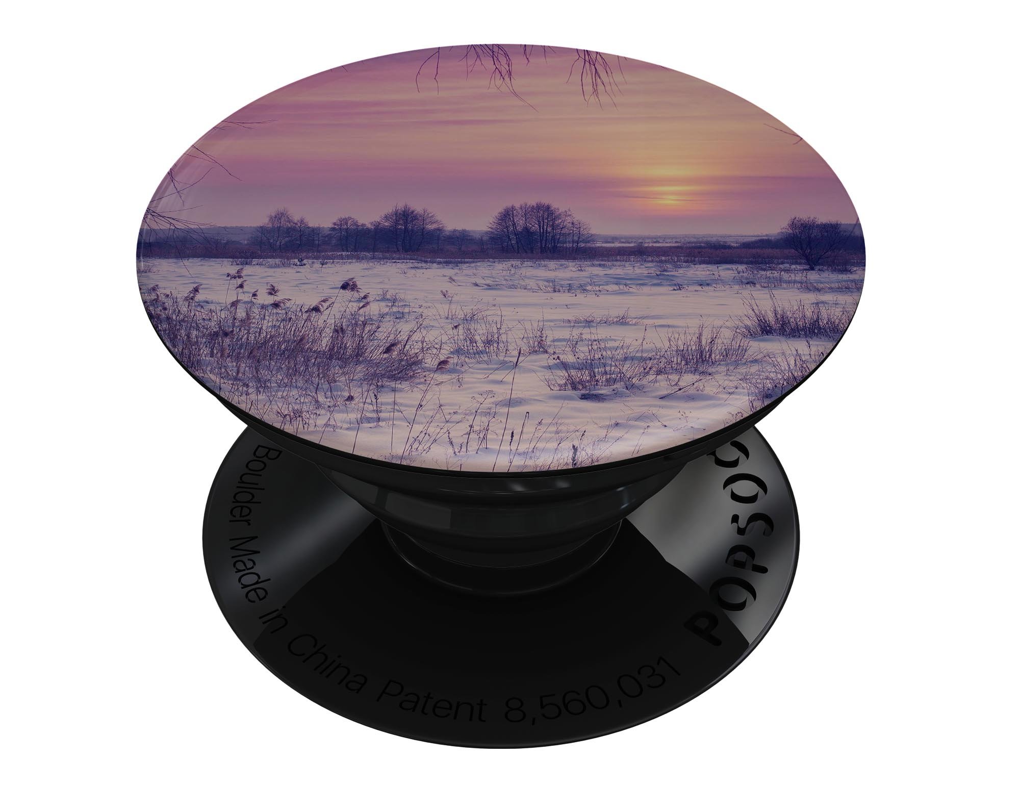 Calm Snowy Sunset Skin Kit for PopSockets, showcasing a serene snowy landscape design on a smartphone grip.