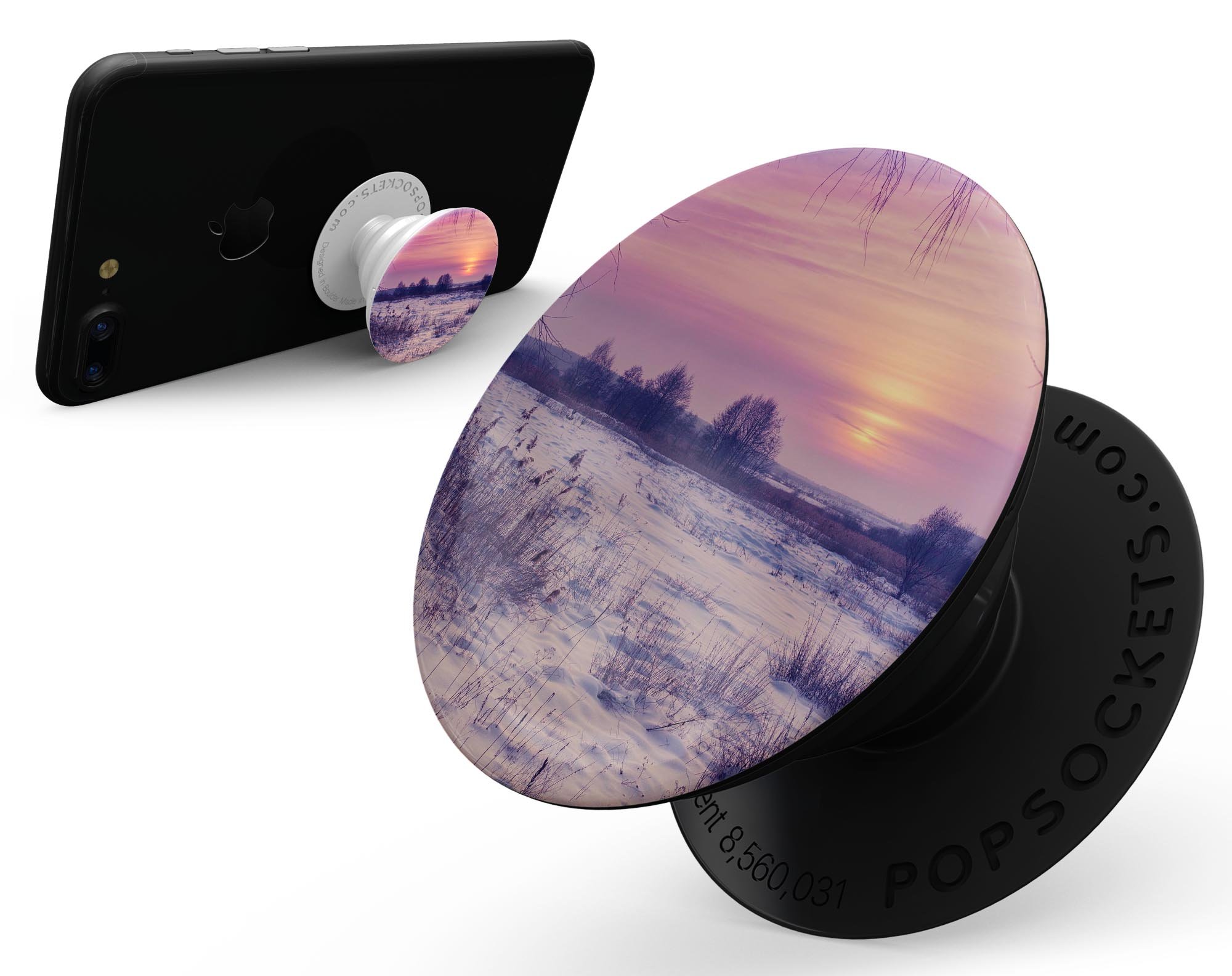 Calm Snowy Sunset Skin Kit for PopSockets, showcasing a serene snowy landscape design on a smartphone grip.