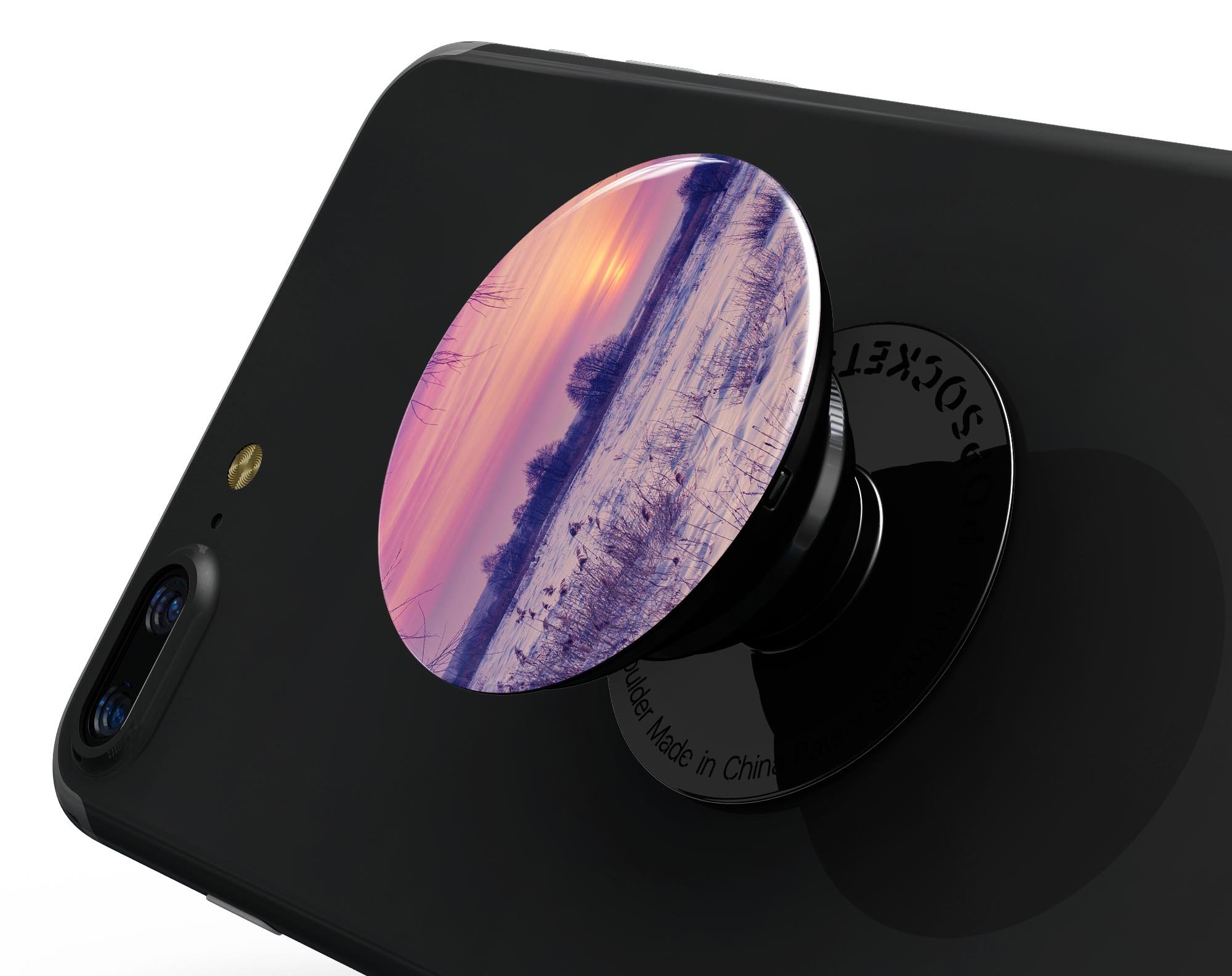 Calm Snowy Sunset Skin Kit for PopSockets, showcasing a serene snowy landscape design on a smartphone grip.