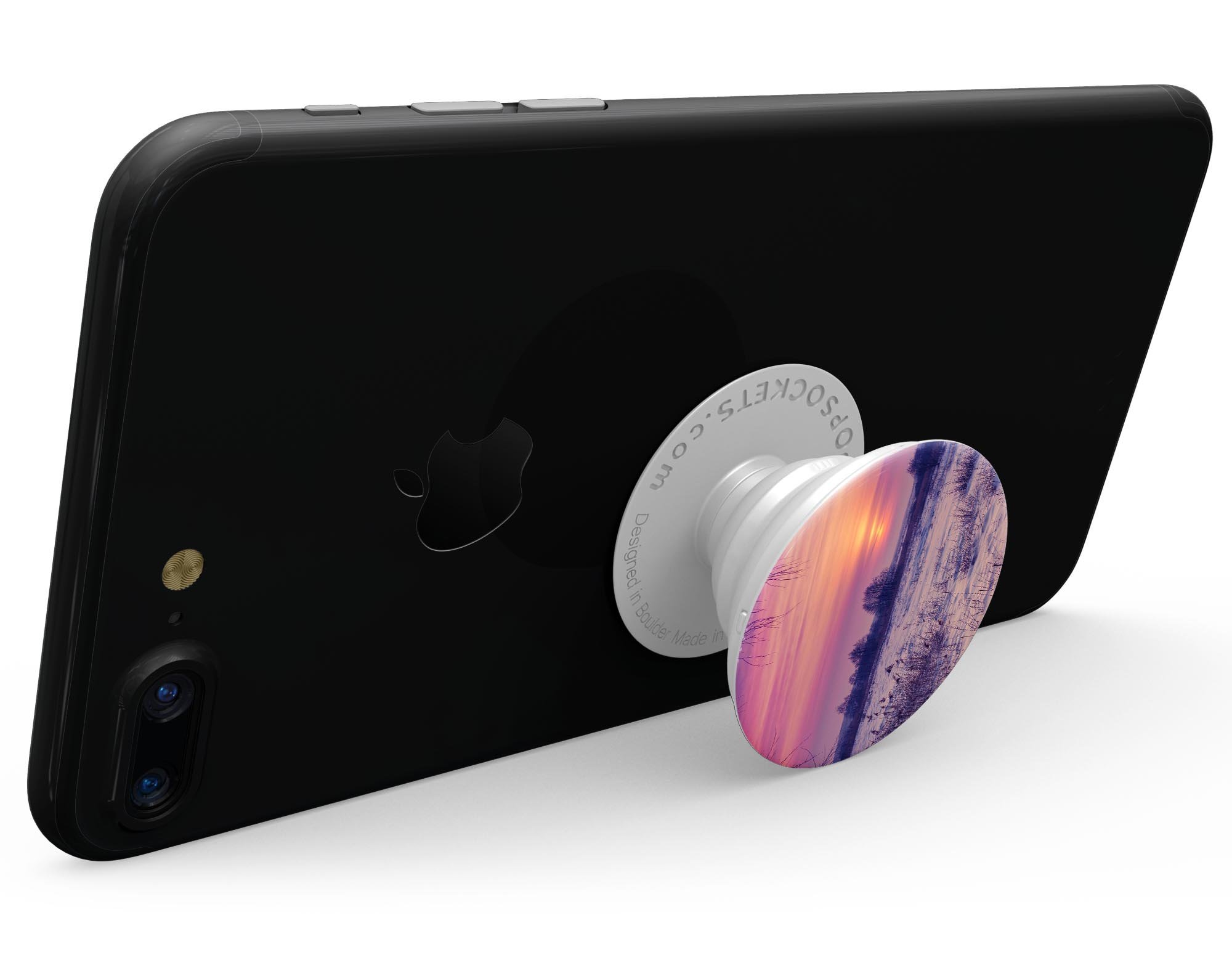 Calm Snowy Sunset Skin Kit for PopSockets, showcasing a serene snowy landscape design on a smartphone grip.