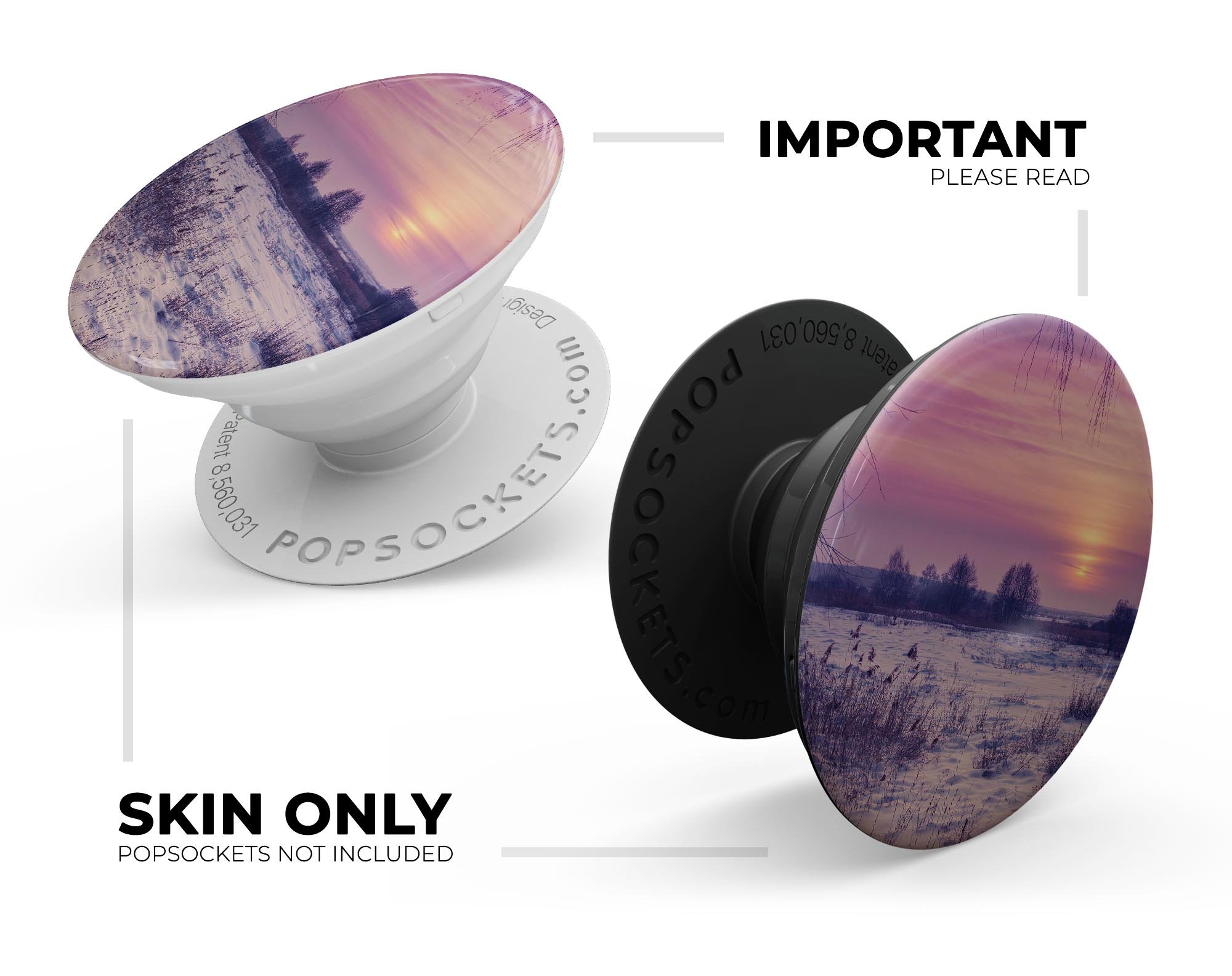 Calm Snowy Sunset Skin Kit for PopSockets, showcasing a serene snowy landscape design on a smartphone grip.