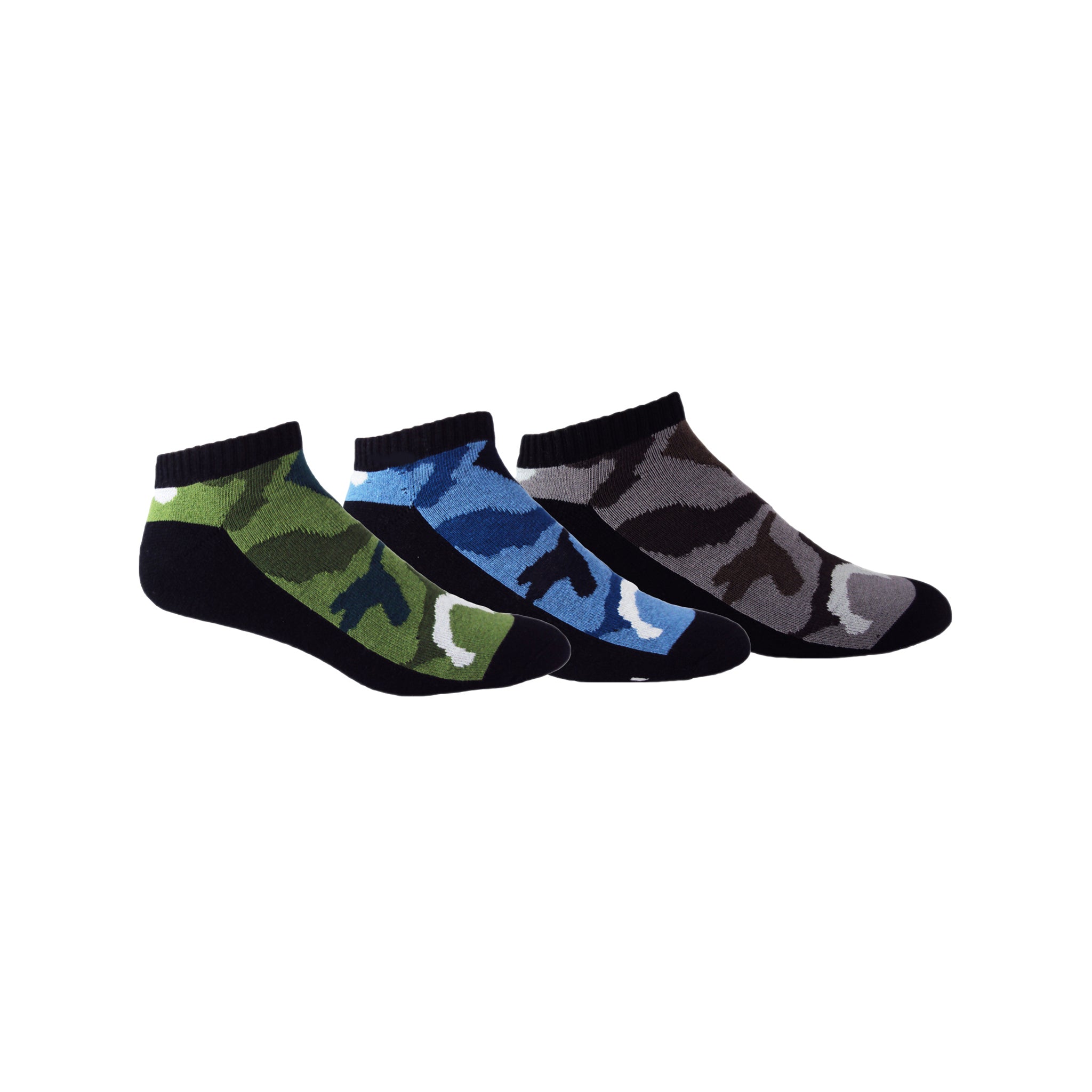 A pair of black and army green camouflage low cut socks designed for military-tested performance and durability.