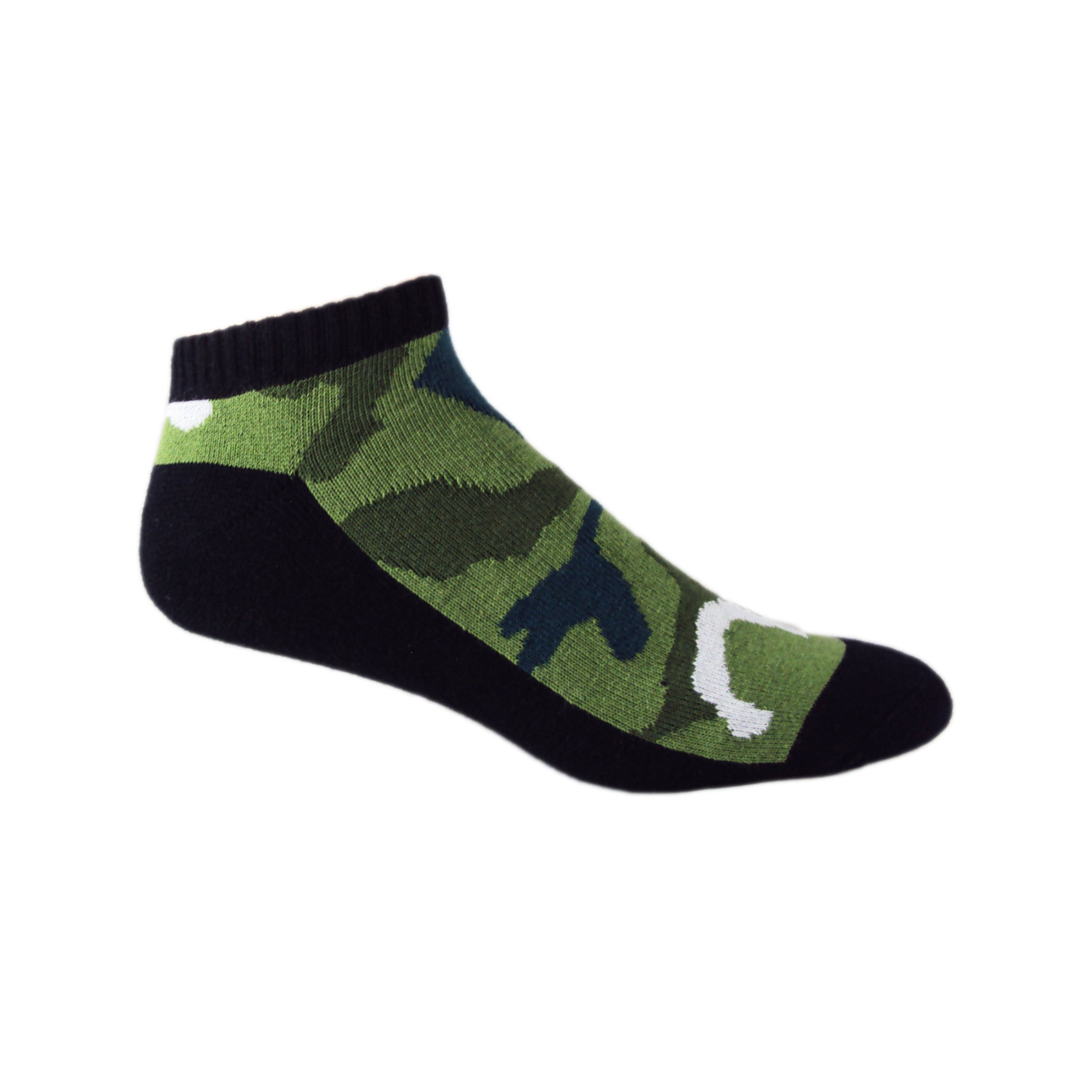 A pair of black and army green camouflage low cut socks designed for military-tested performance and durability.