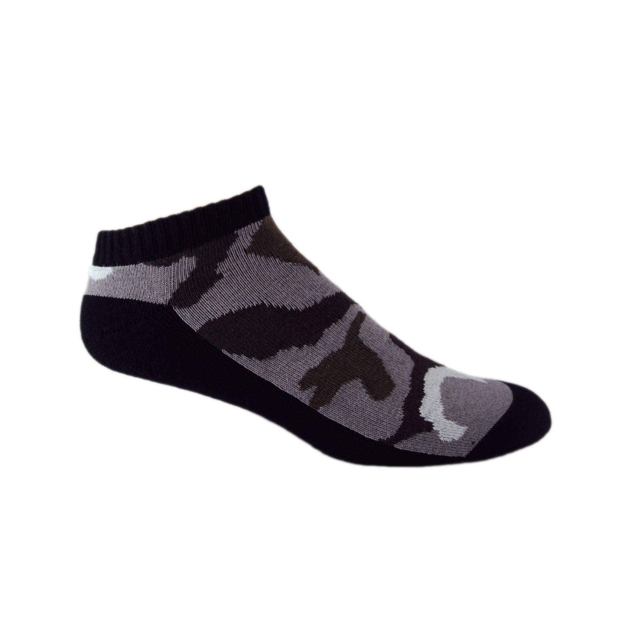 A pair of black and army green camouflage low cut socks designed for military-tested performance and durability.