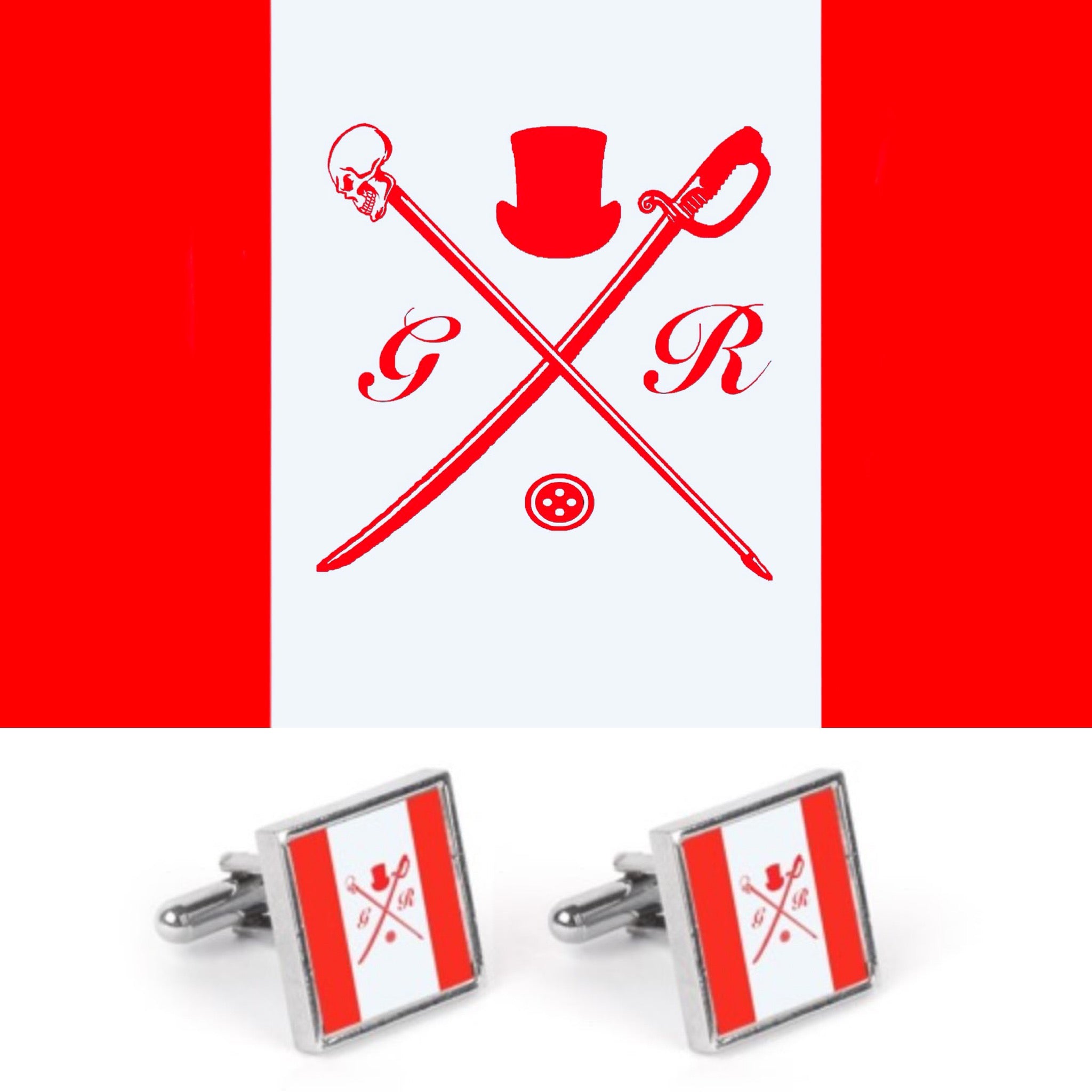 Canadian Rogue flag cufflinks with glossy colors on a silver square post, elegantly displayed in a gift box.