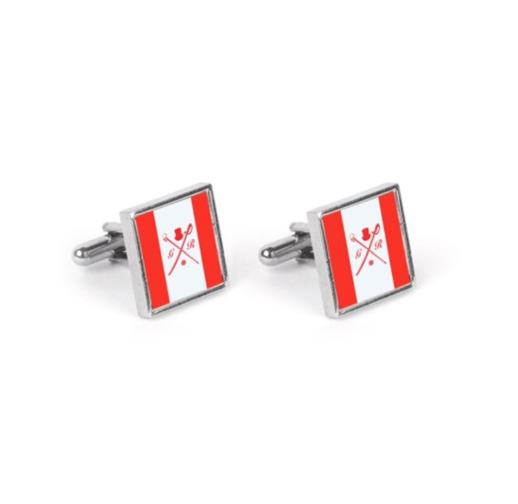 Canadian Rogue flag cufflinks with glossy colors on a silver square post, elegantly displayed in a gift box.