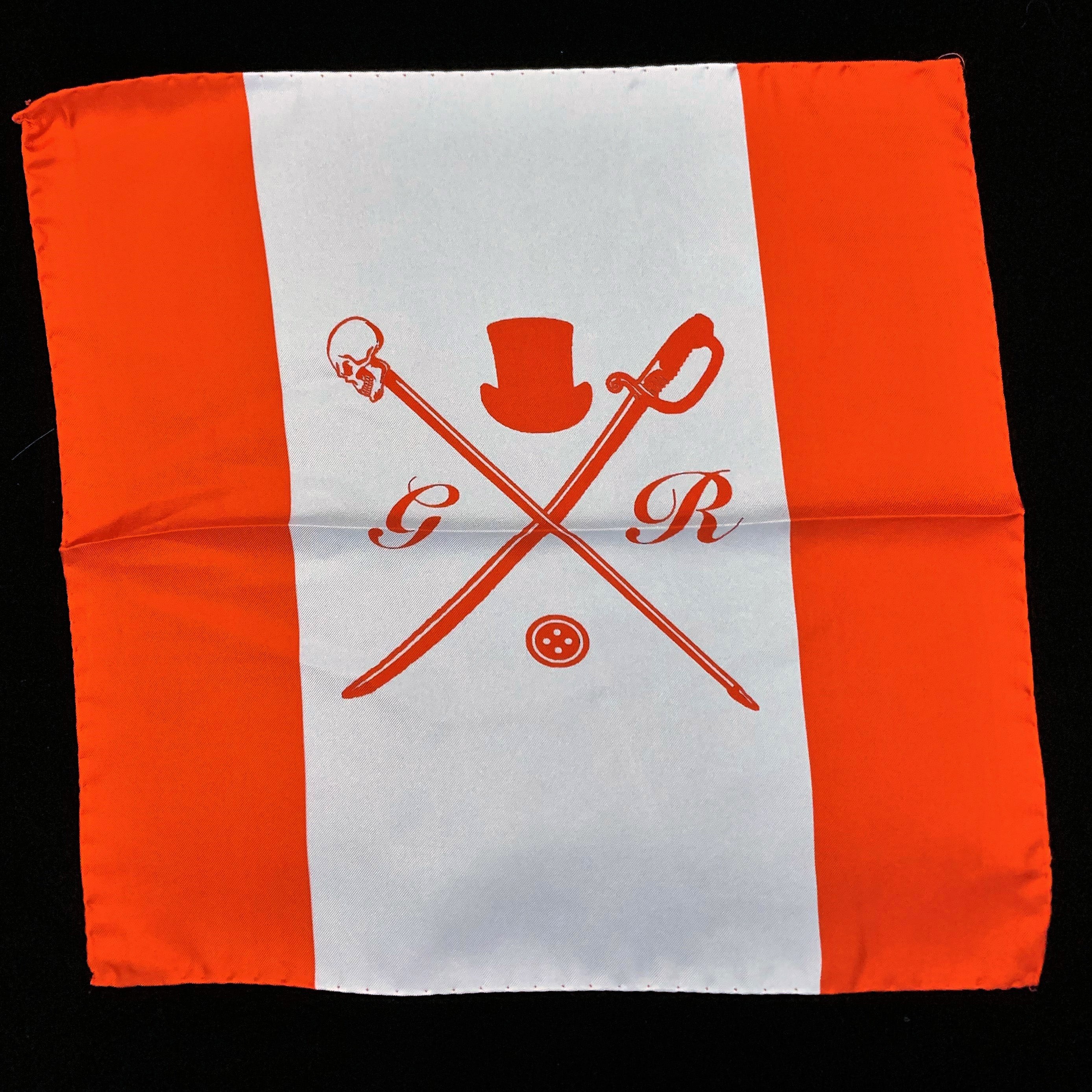 Canadian Rogue Pocket Square featuring a vibrant flag design in red, white, and Rogue colors, made from 100% silk.