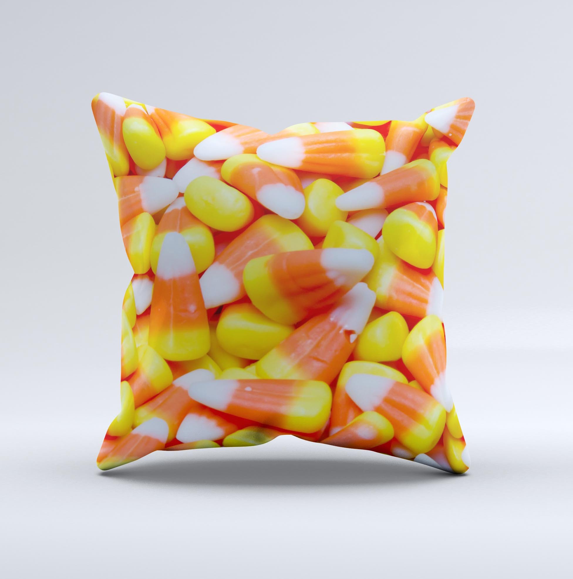 Candy Corn ink-Fuzed Decorative Throw Pillow featuring vibrant colors and unique handcrafted design, perfect for festive home decor.