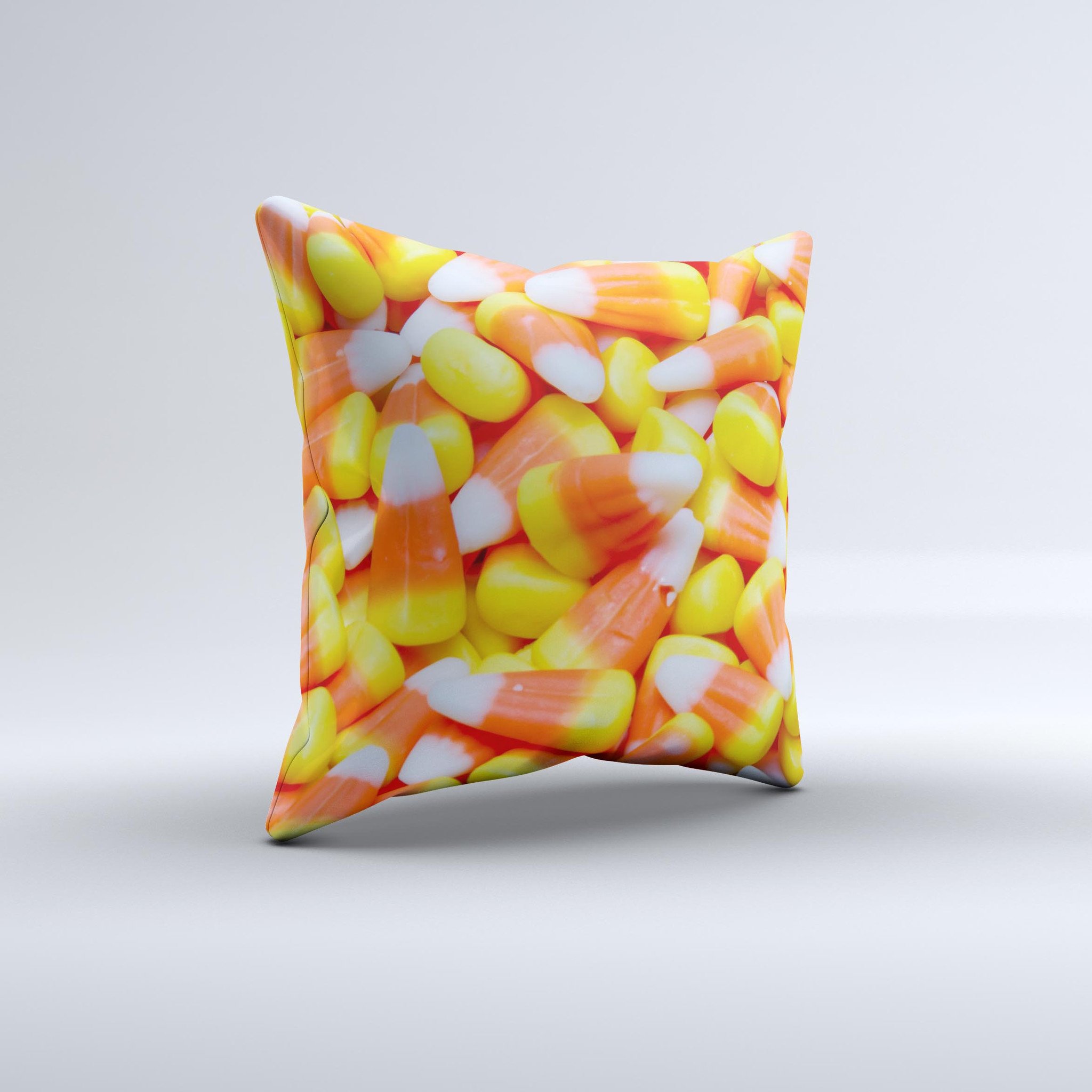 Candy Corn ink-Fuzed Decorative Throw Pillow featuring vibrant colors and unique handcrafted design, perfect for festive home decor.