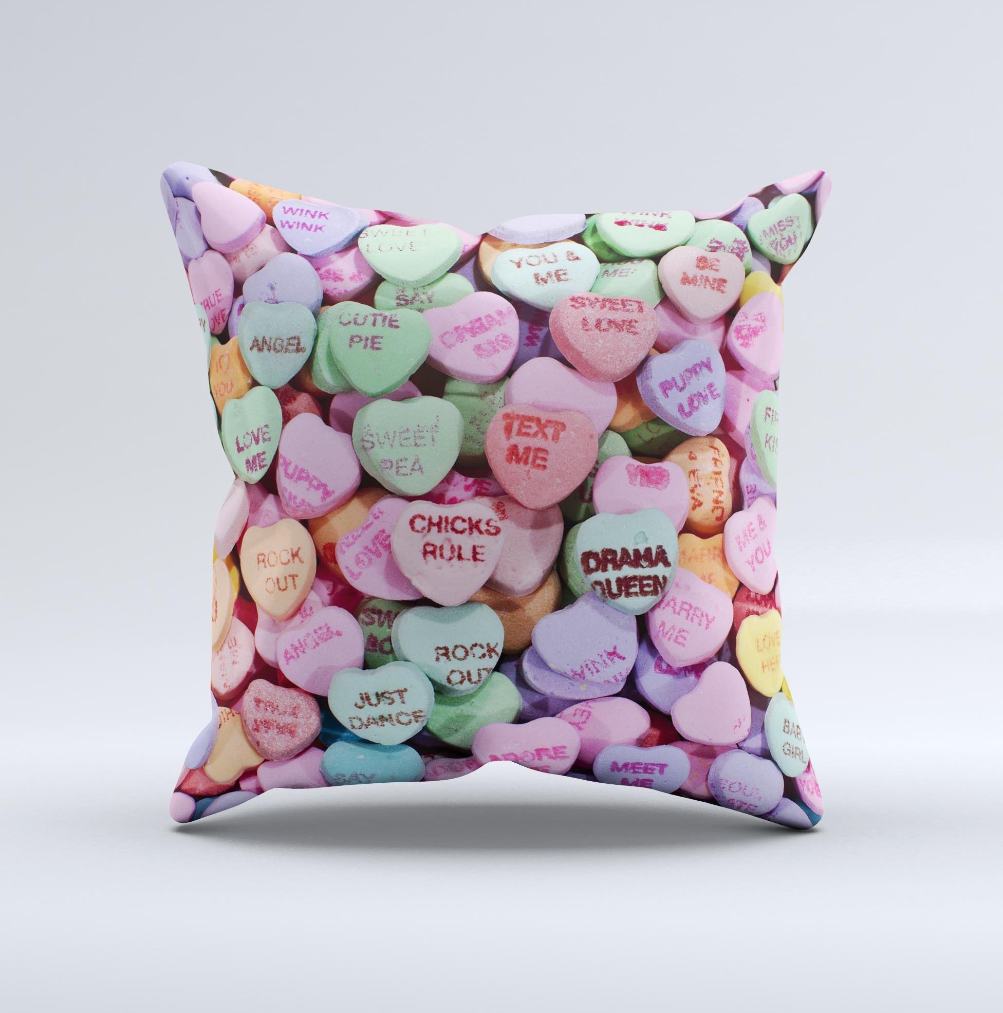 Candy Worded Hearts ink-Fuzed Decorative Throw Pillow featuring colorful heart designs on a soft fabric, handcrafted in Virginia.