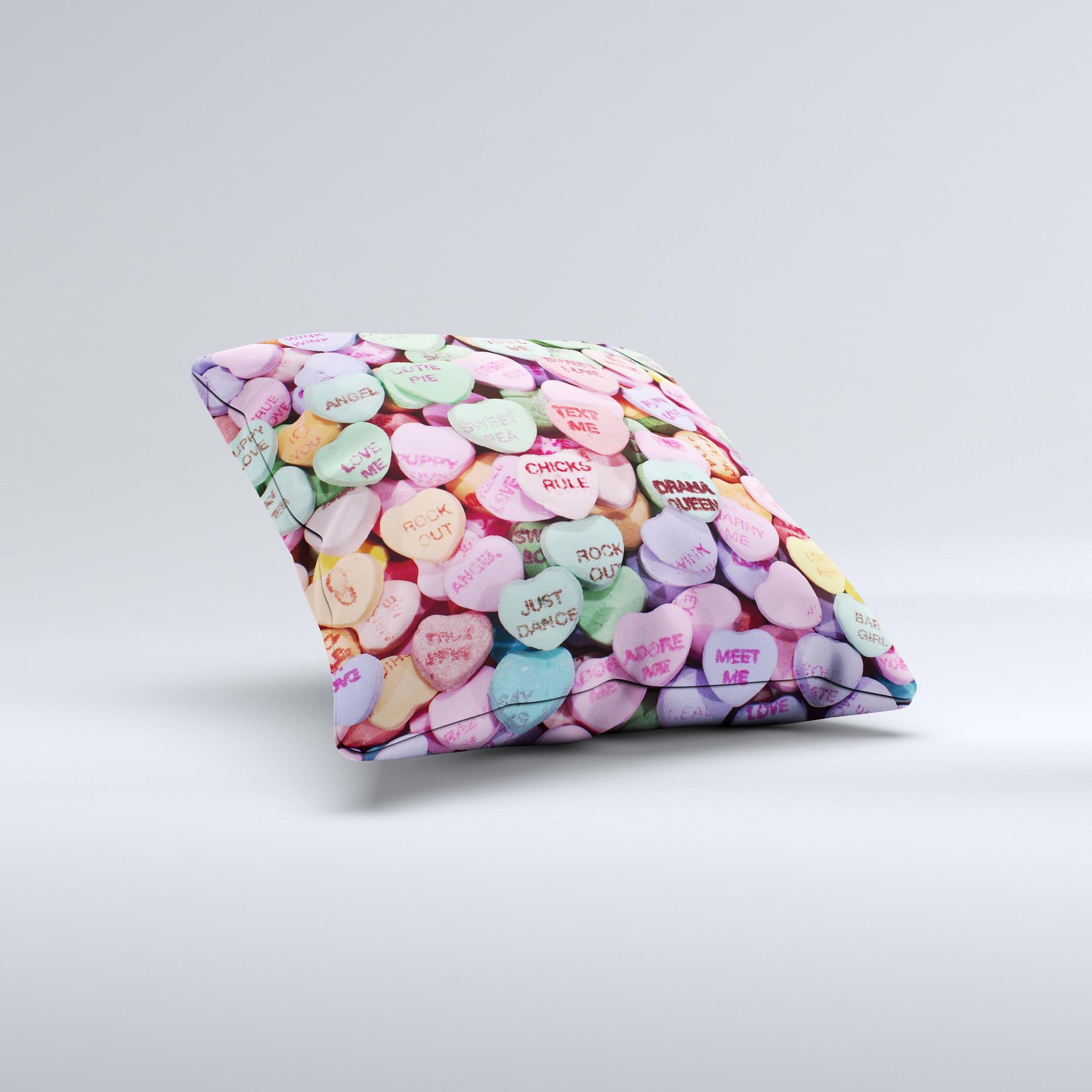 Candy Worded Hearts ink-Fuzed Decorative Throw Pillow featuring colorful heart designs on a soft fabric, handcrafted in Virginia.