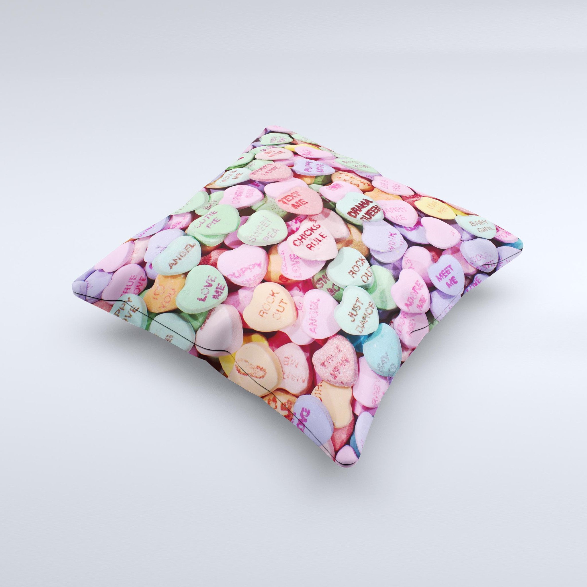 Candy Worded Hearts ink-Fuzed Decorative Throw Pillow featuring colorful heart designs on a soft fabric, handcrafted in Virginia.