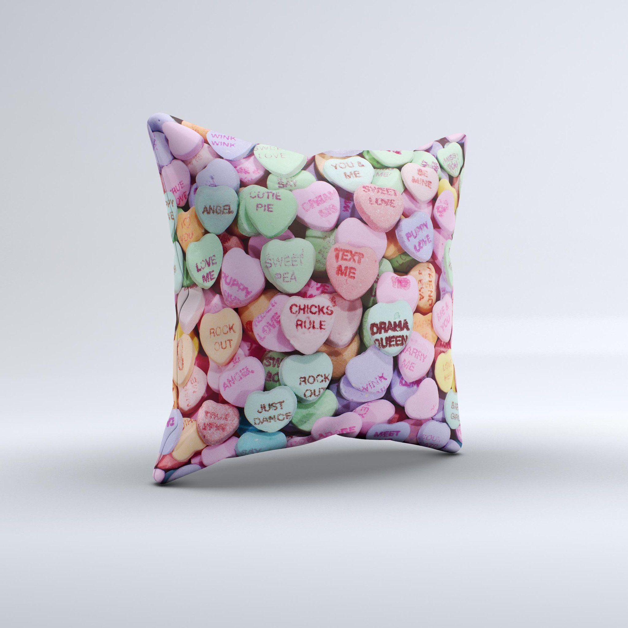 Candy Worded Hearts ink-Fuzed Decorative Throw Pillow featuring colorful heart designs on a soft fabric, handcrafted in Virginia.