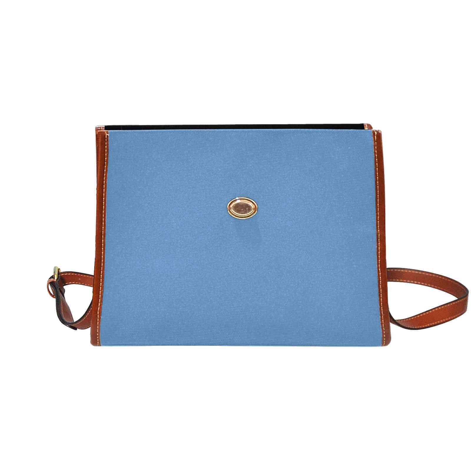 Canvas Handbag in blue gray with brown crossbody strap, showcasing waterproof material and stylish design.