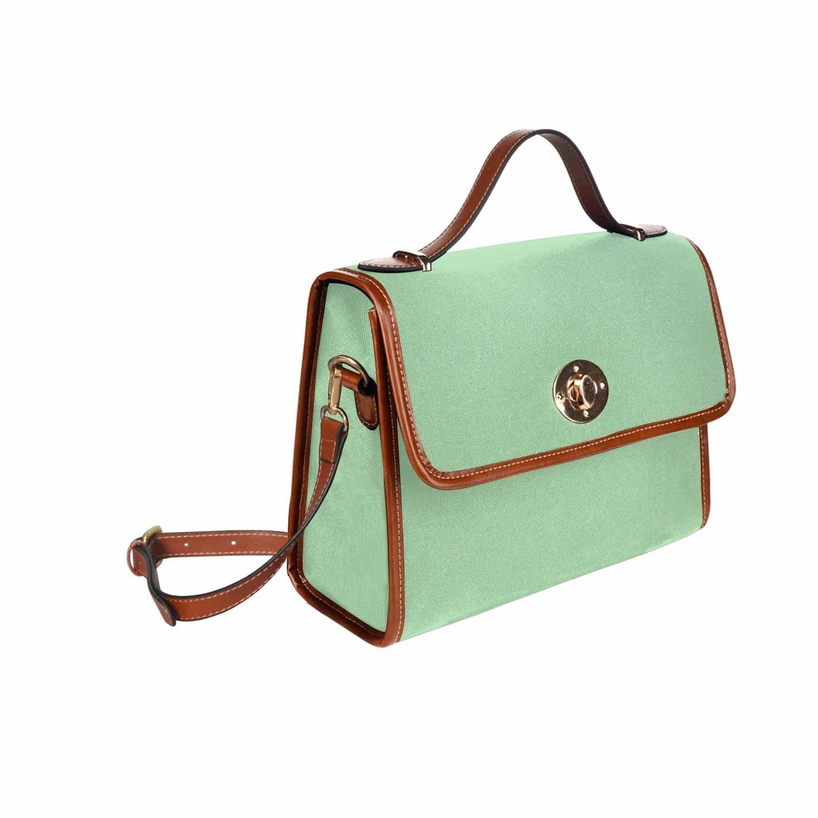 Celadon green canvas handbag with brown crossbody strap, featuring two interior pockets and a zipper pocket.