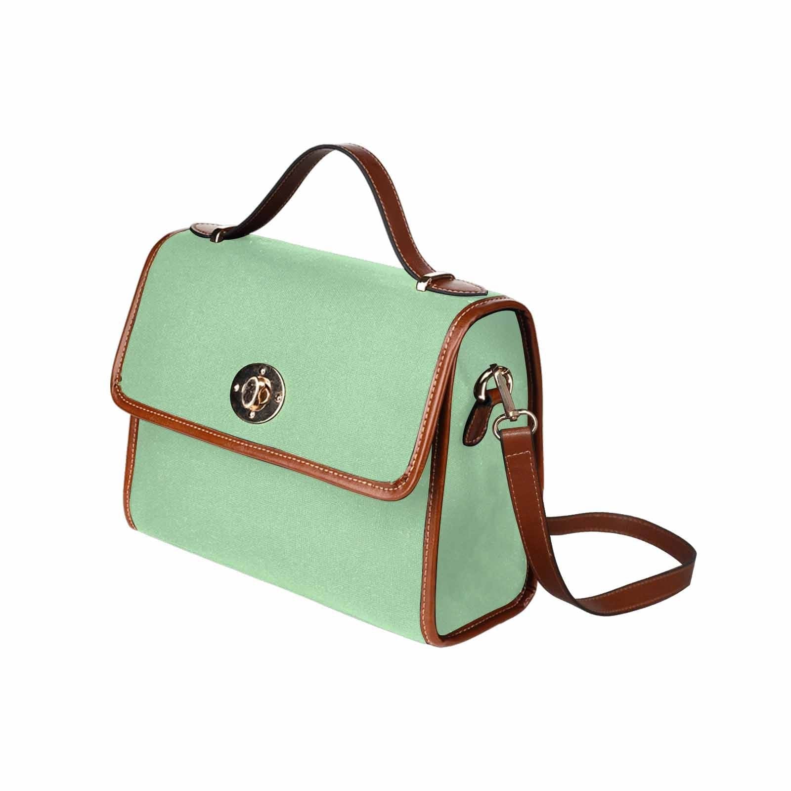 Celadon green canvas handbag with brown crossbody strap, featuring two interior pockets and a zipper pocket.