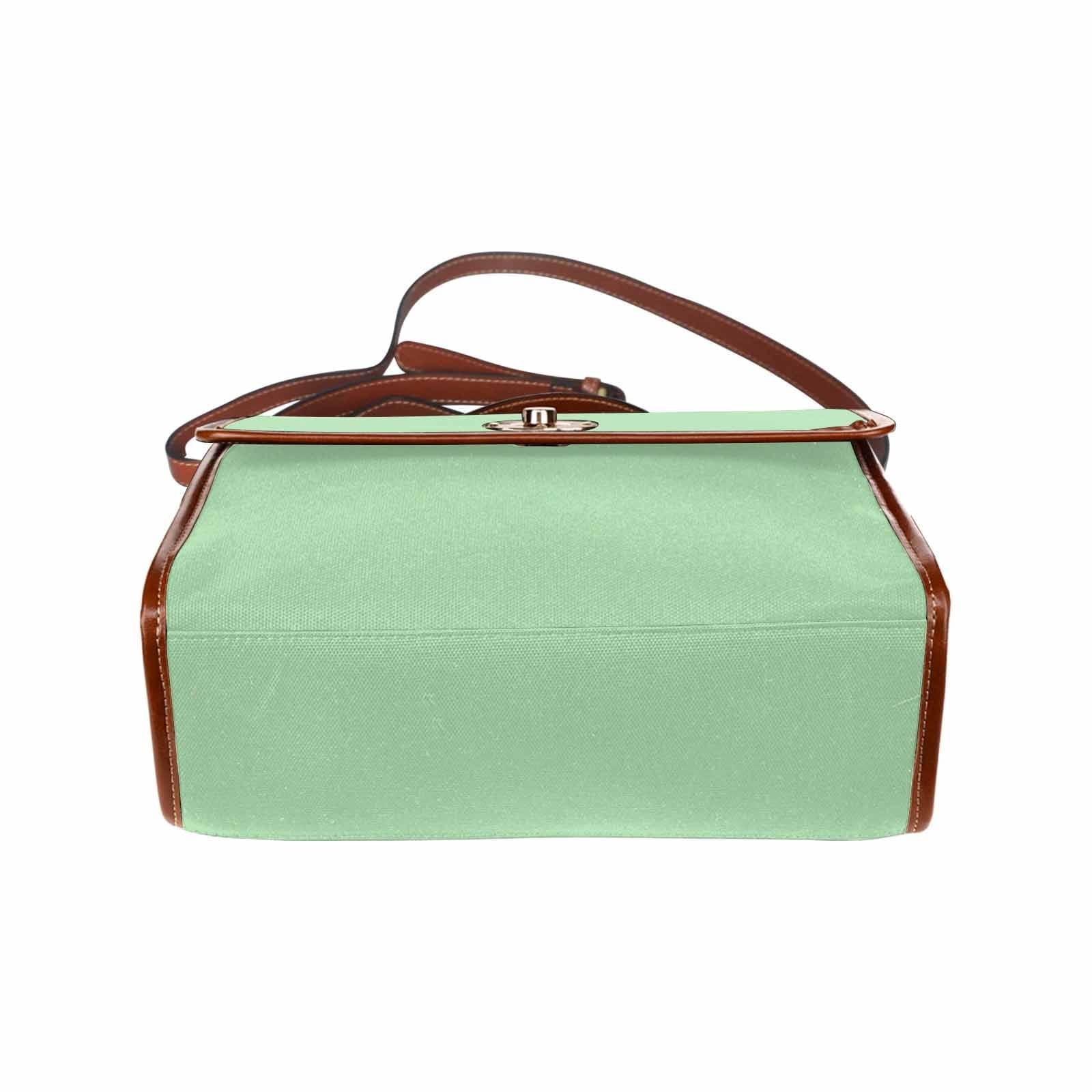 Celadon green canvas handbag with brown crossbody strap, featuring two interior pockets and a zipper pocket.