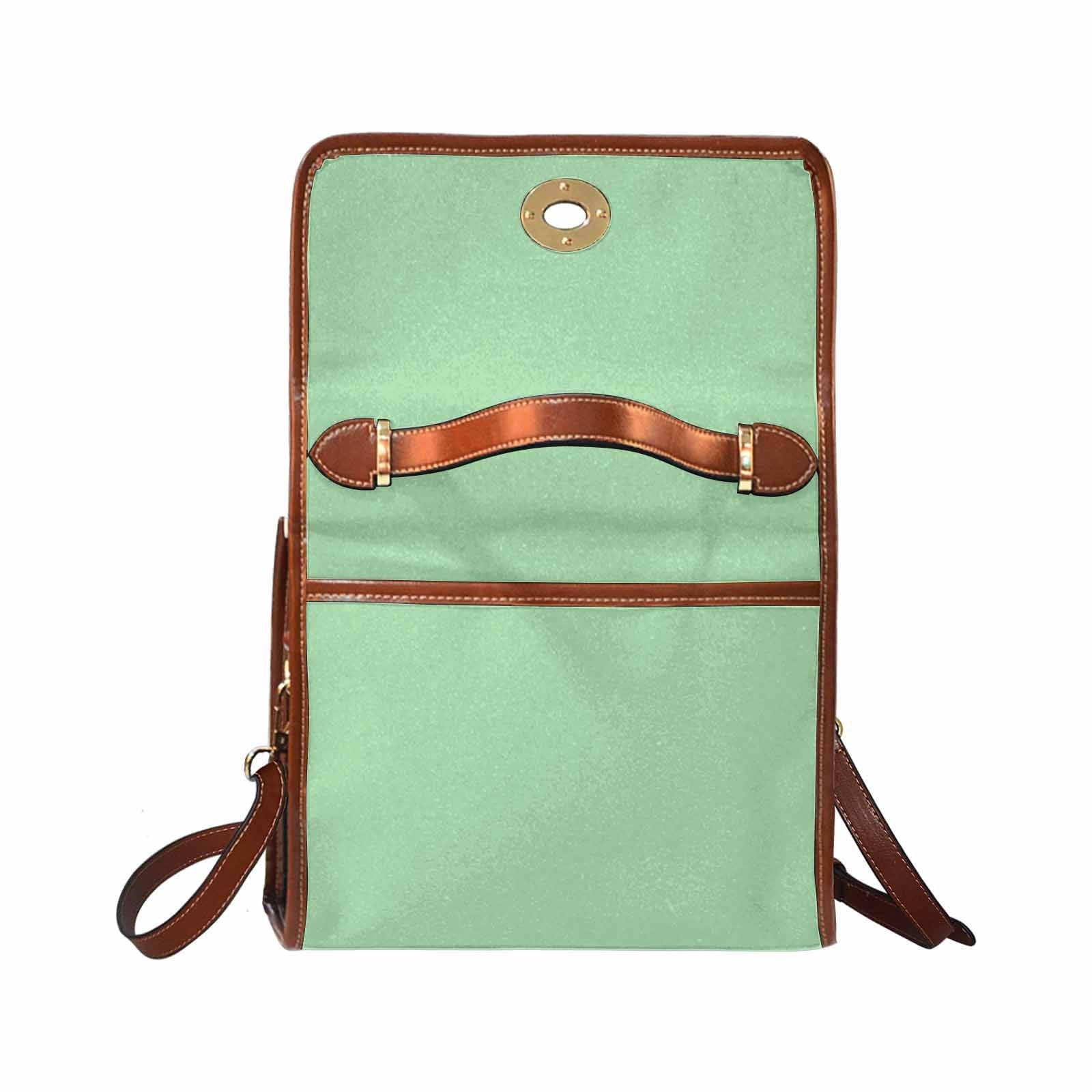 Celadon green canvas handbag with brown crossbody strap, featuring two interior pockets and a zipper pocket.