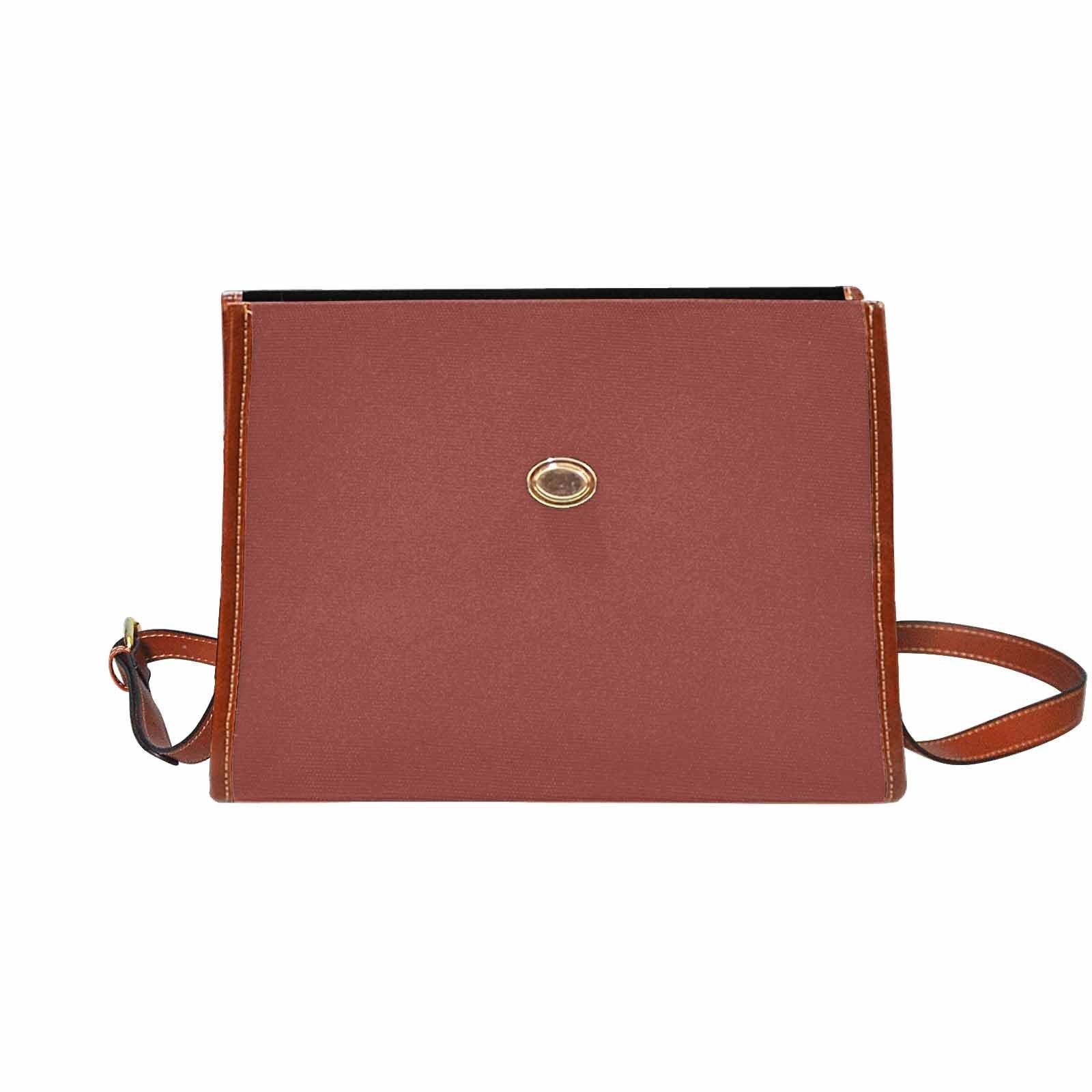 Cognac red waterproof canvas handbag with brown crossbody strap, featuring two interior pockets and a zipper pocket.