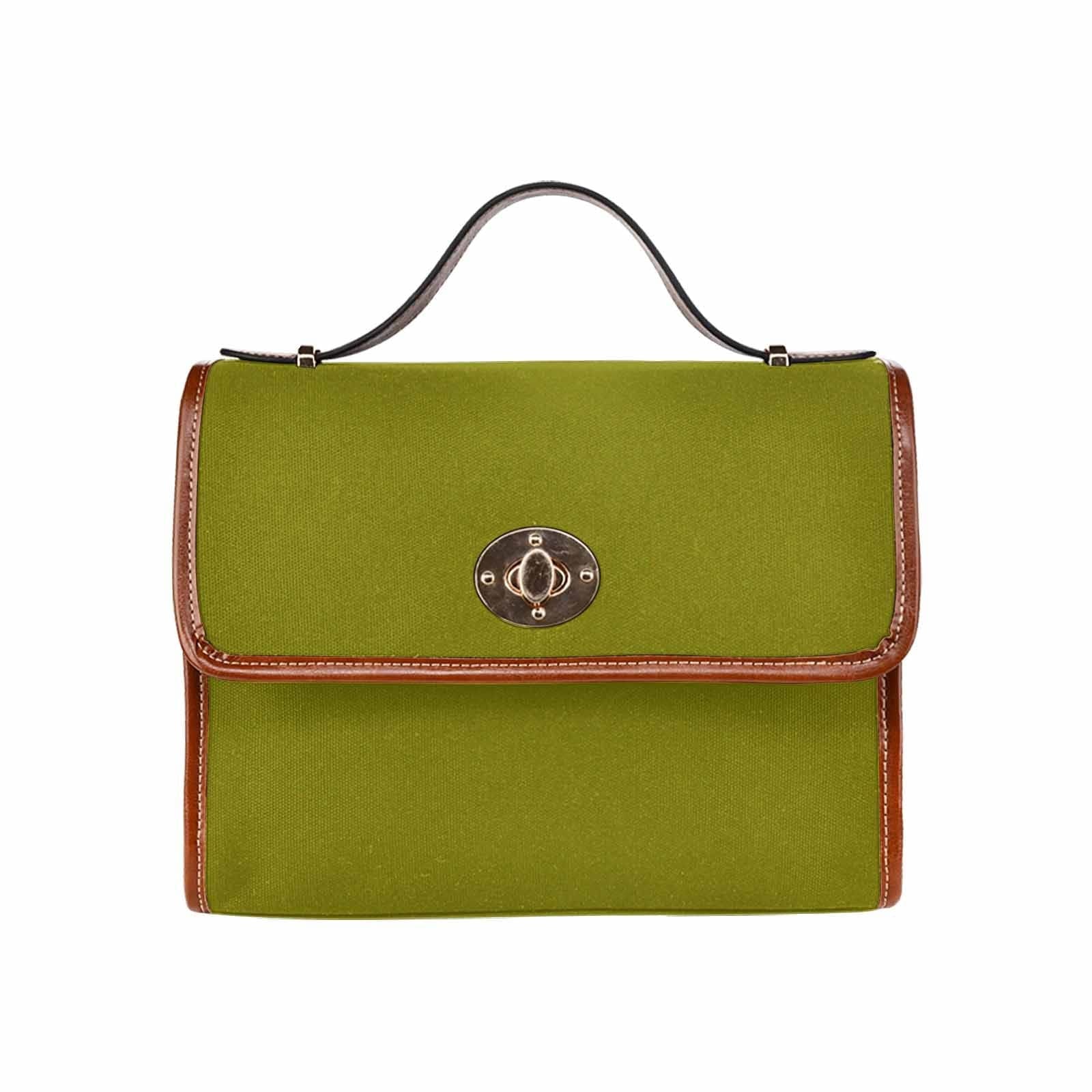 Dark olive green canvas handbag with brown crossbody strap, featuring two interior pockets and a zipper pocket.