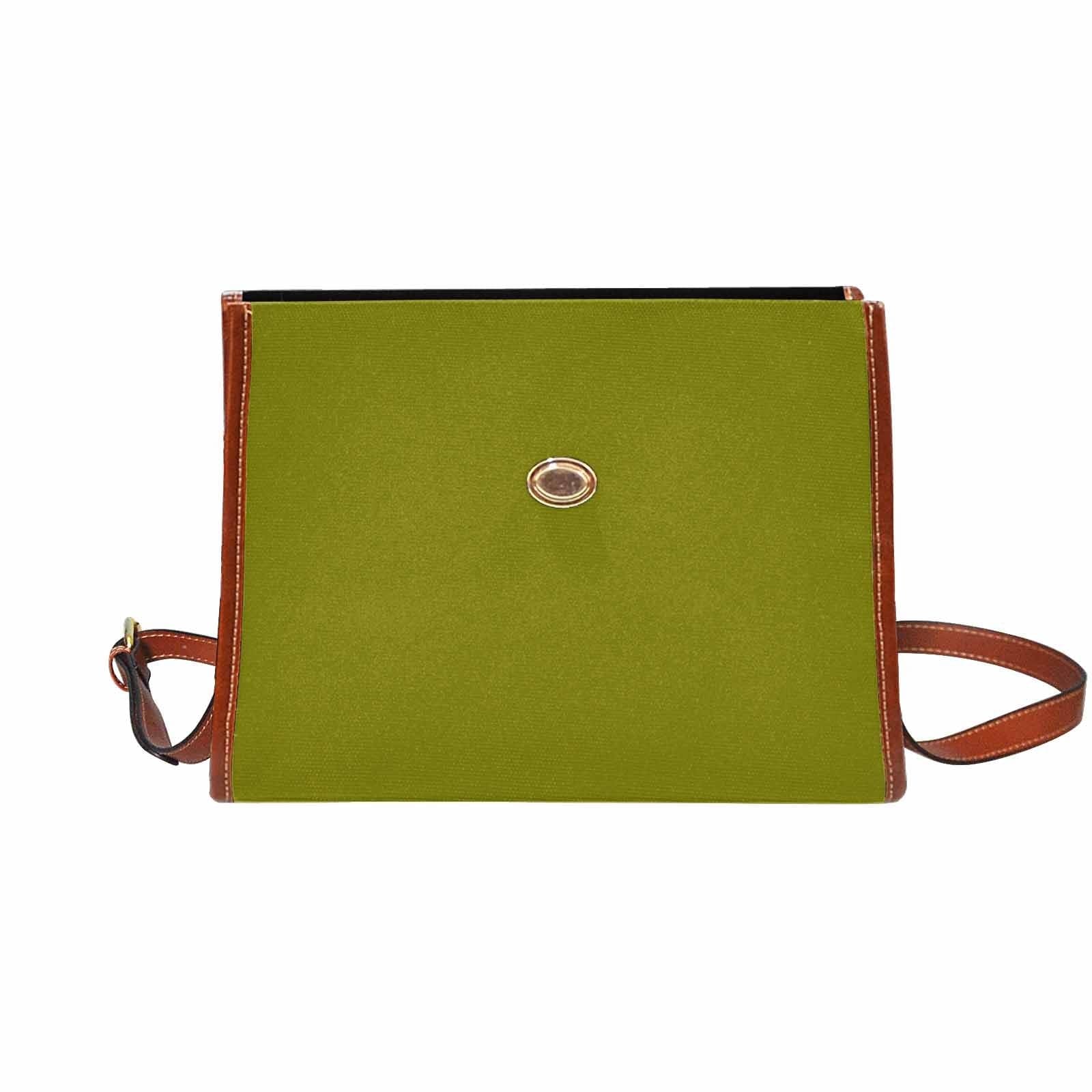 Dark olive green canvas handbag with brown crossbody strap, featuring two interior pockets and a zipper pocket.