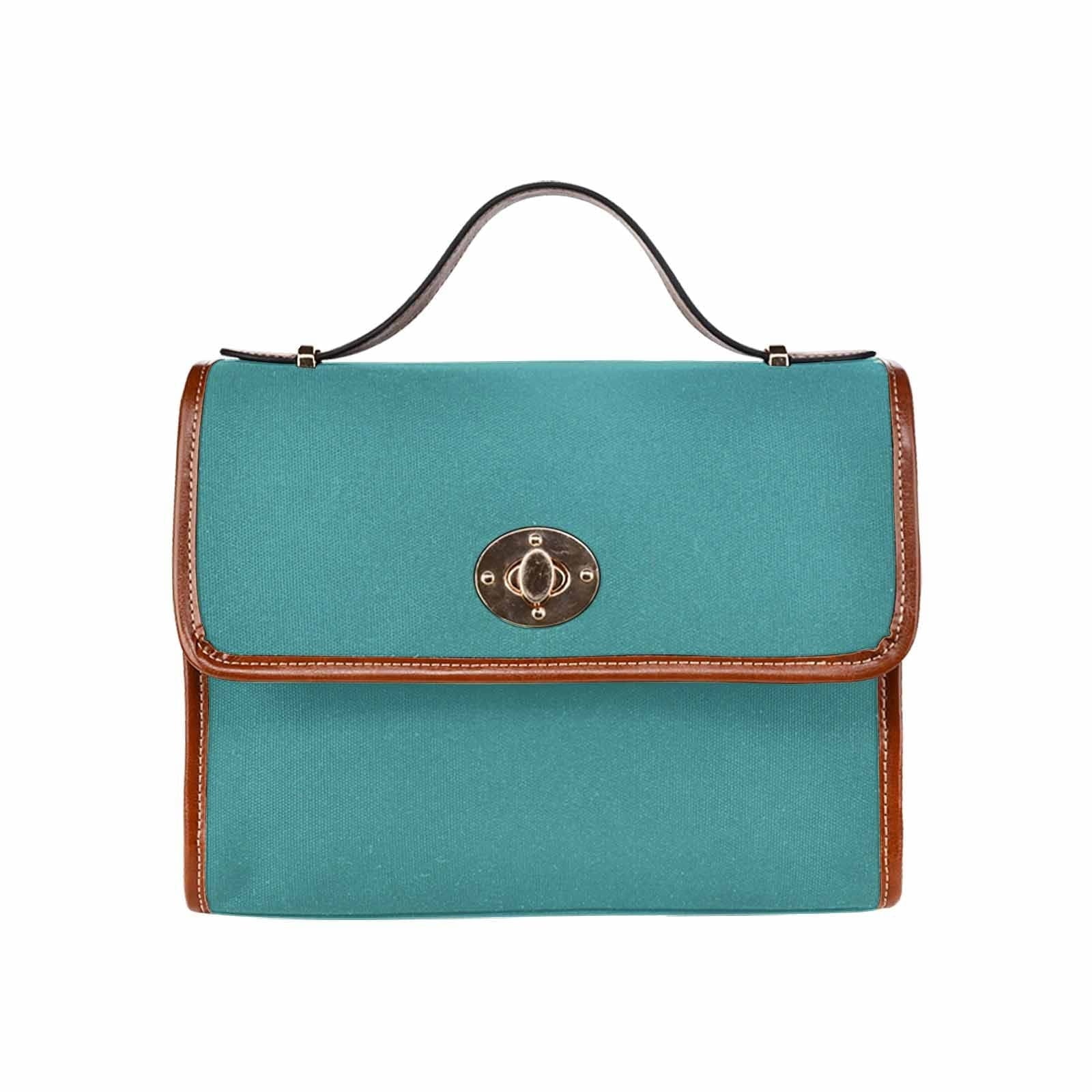 Mint blue waterproof canvas handbag with brown crossbody strap, featuring two interior pockets and a zipper pocket.