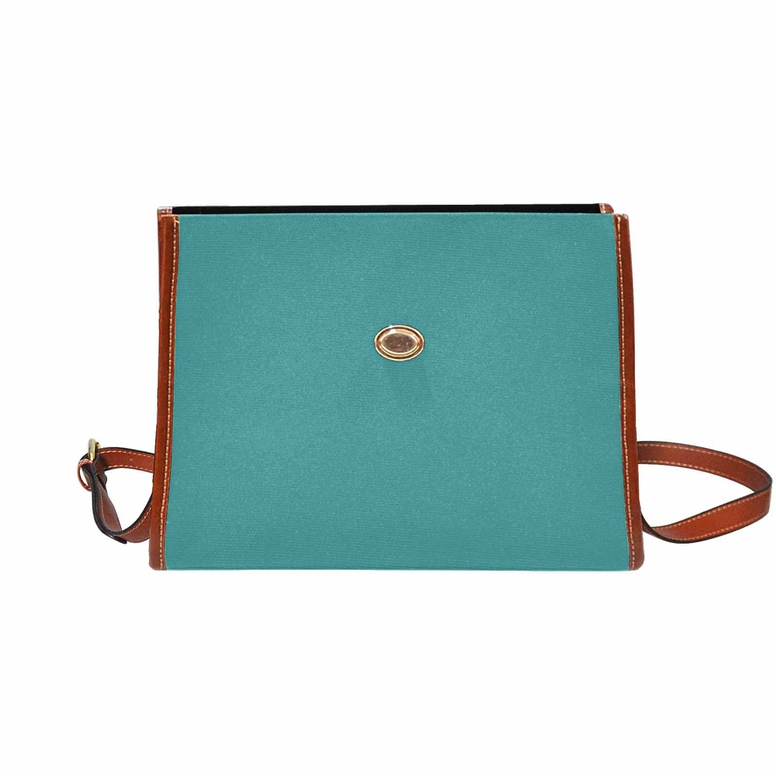 Mint blue waterproof canvas handbag with brown crossbody strap, featuring two interior pockets and a zipper pocket.