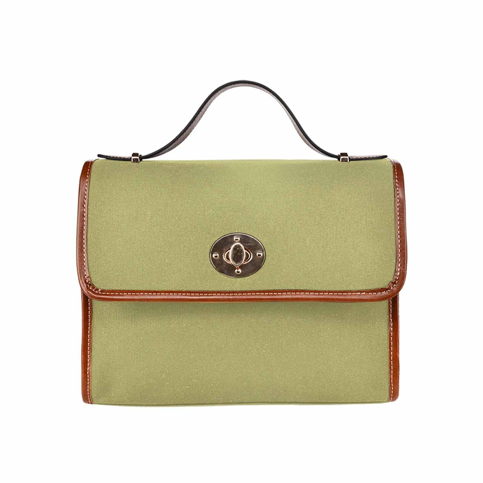 Olive green waterproof canvas handbag with brown crossbody strap, featuring two interior pockets and a zipper pocket.