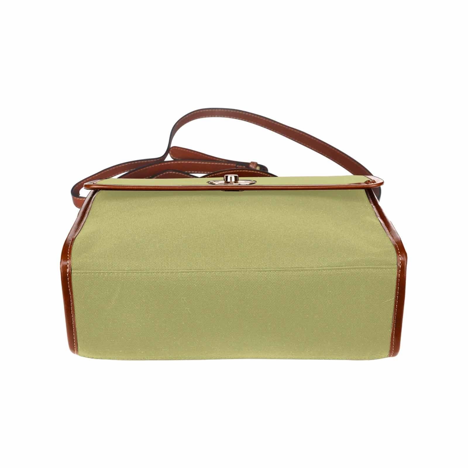 Olive green waterproof canvas handbag with brown crossbody strap, featuring two interior pockets and a zipper pocket.