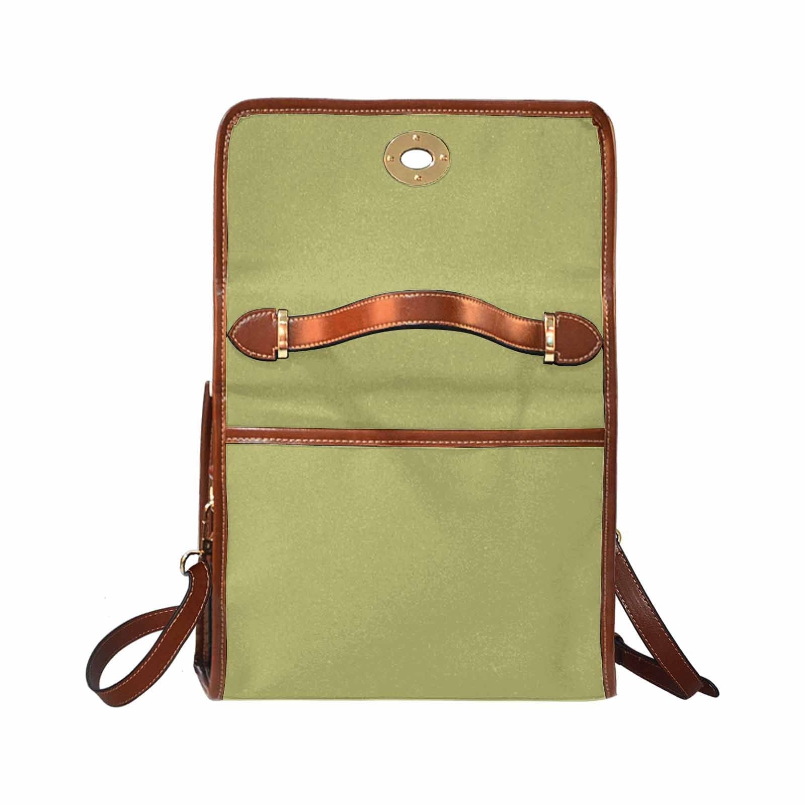 Olive green waterproof canvas handbag with brown crossbody strap, featuring two interior pockets and a zipper pocket.