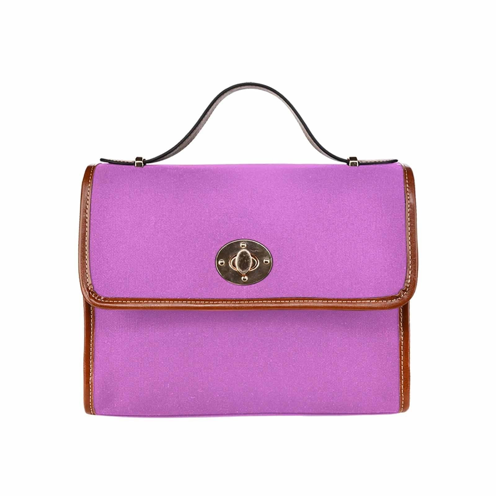 Orchid Purple Canvas Handbag with brown crossbody strap, showcasing its waterproof design and stylish appearance.