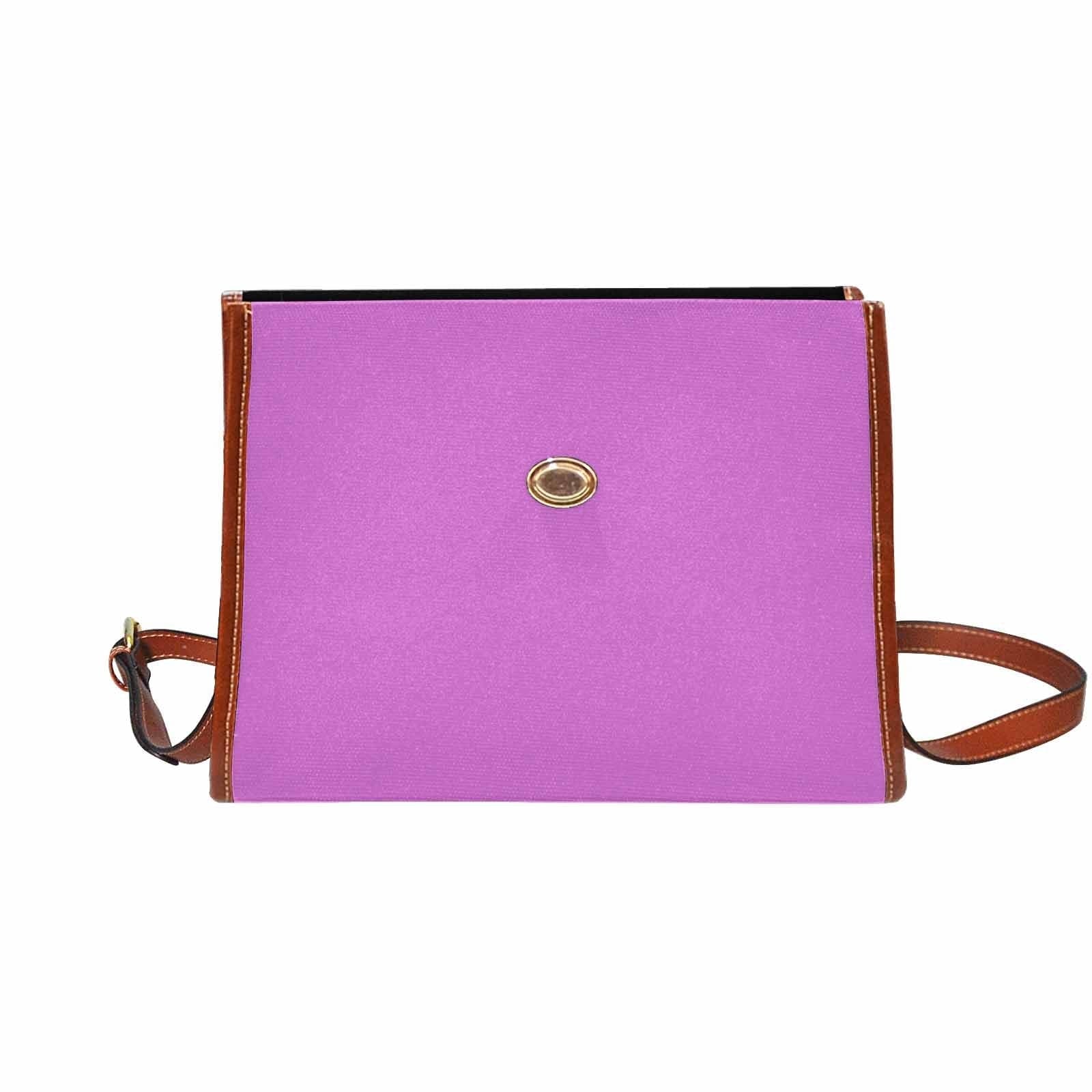 Orchid Purple Canvas Handbag with brown crossbody strap, showcasing its waterproof design and stylish appearance.