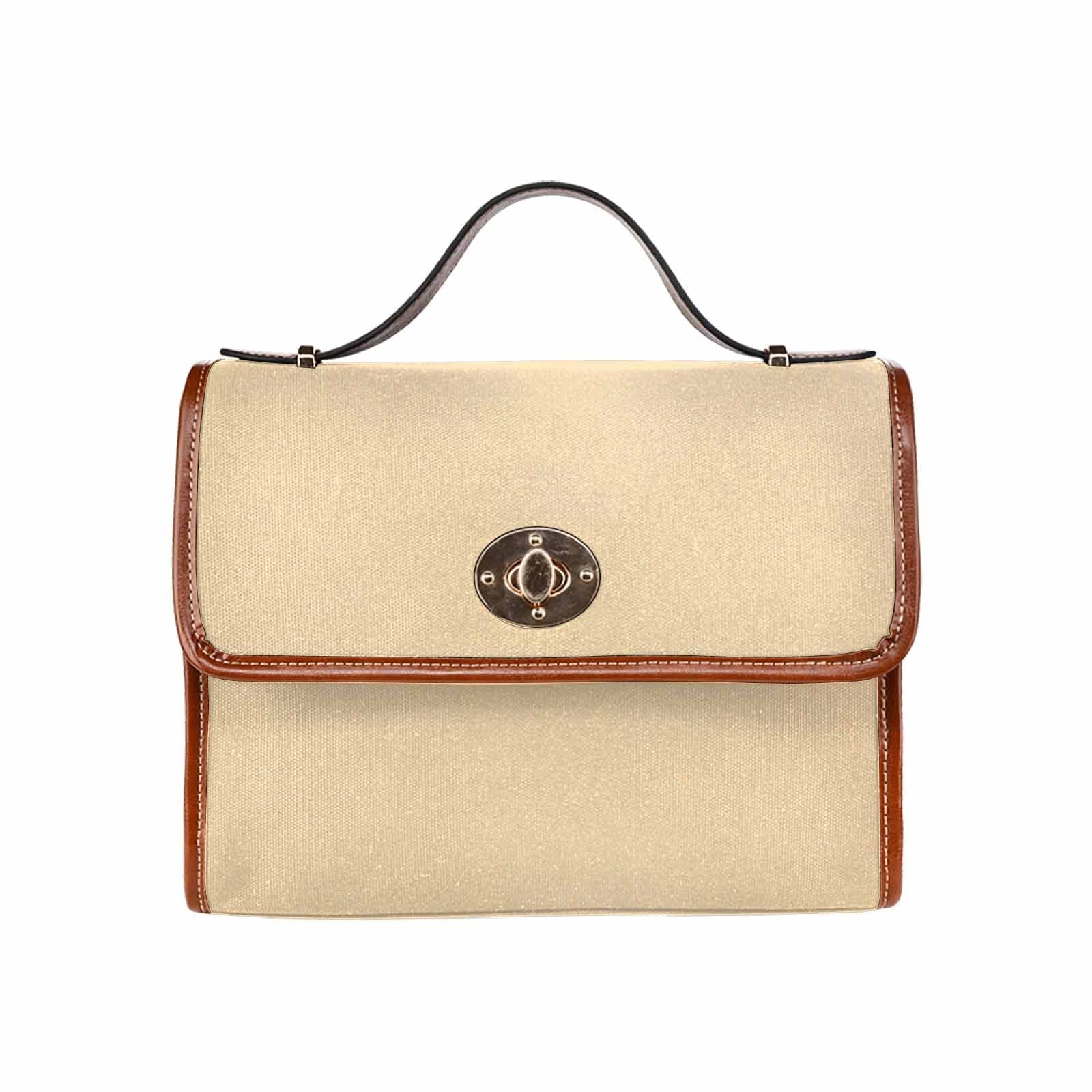 Stylish peach canvas handbag with brown crossbody strap, showcasing its waterproof design and interior pockets.