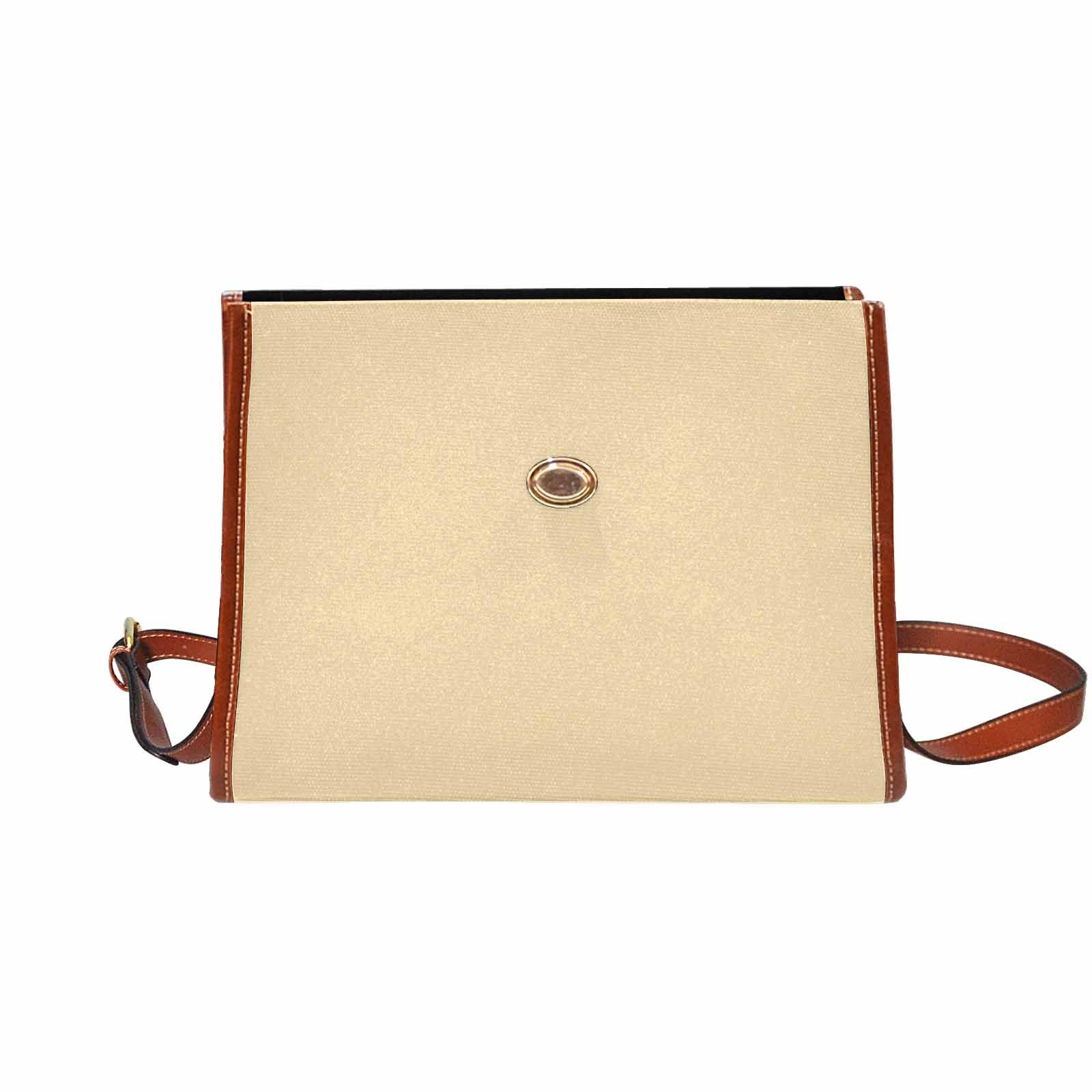 Stylish peach canvas handbag with brown crossbody strap, showcasing its waterproof design and interior pockets.