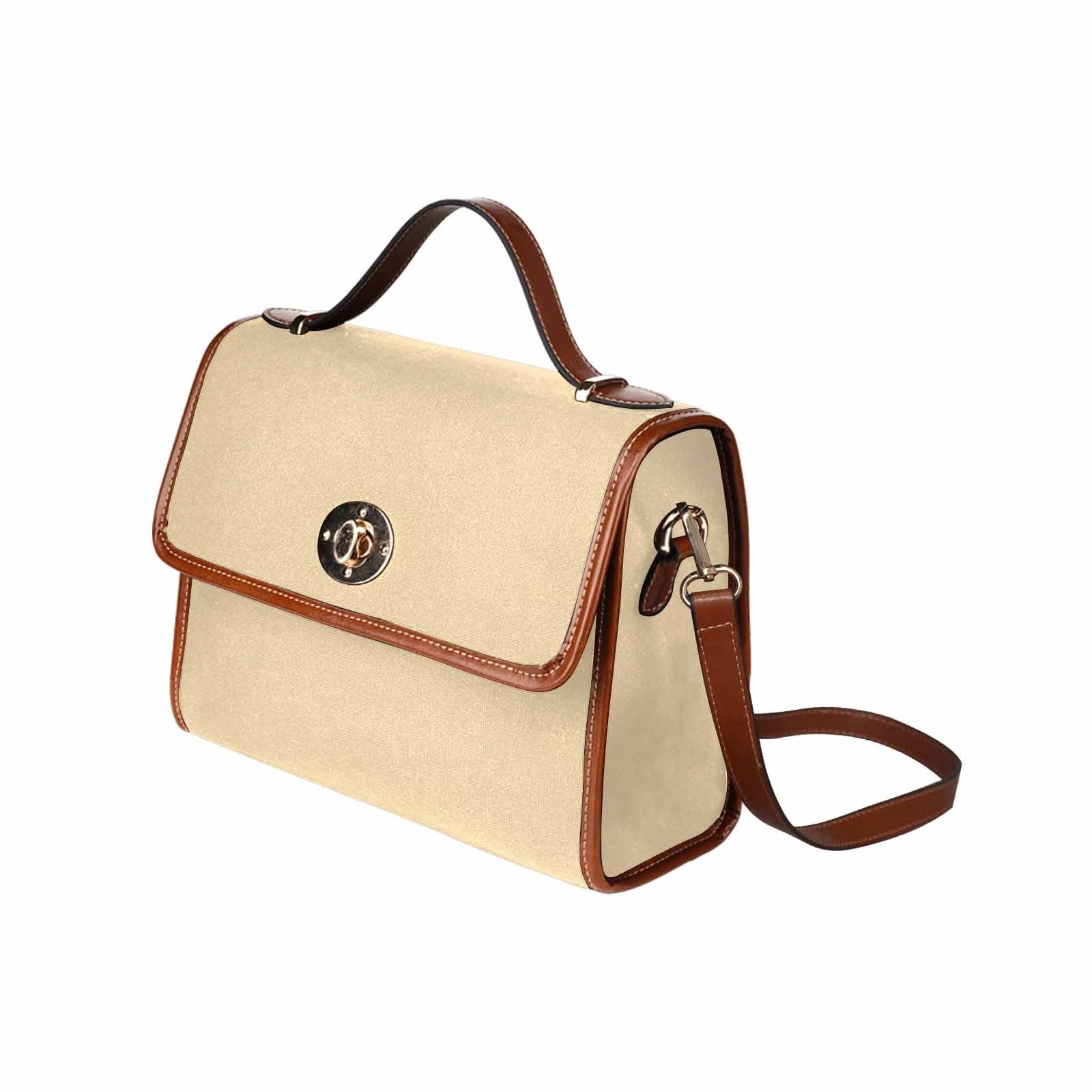 Stylish peach canvas handbag with brown crossbody strap, showcasing its waterproof design and interior pockets.