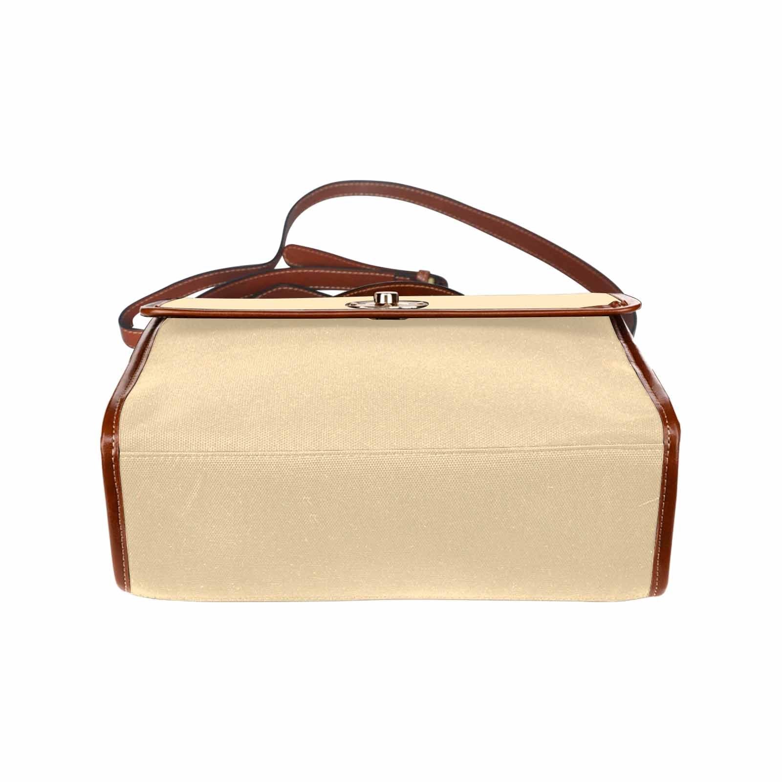 Stylish peach canvas handbag with brown crossbody strap, showcasing its waterproof design and interior pockets.