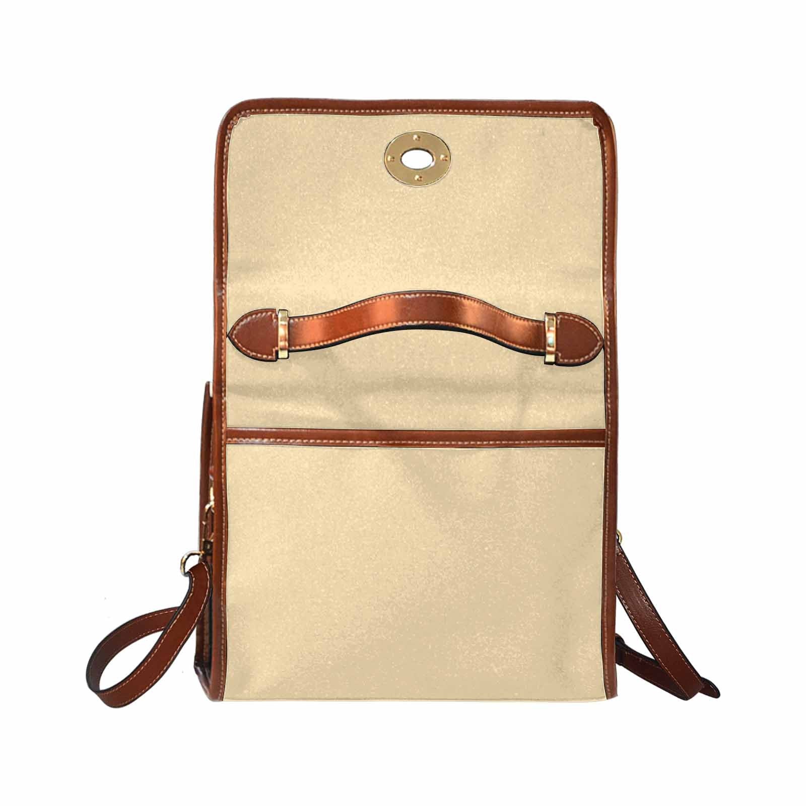 Stylish peach canvas handbag with brown crossbody strap, showcasing its waterproof design and interior pockets.