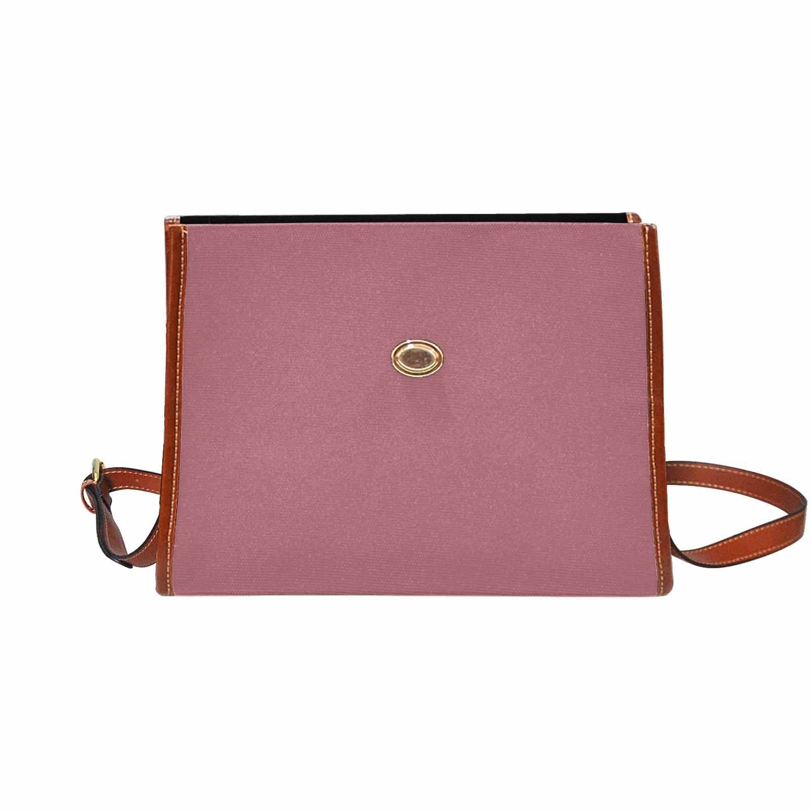 Stylish Canvas Handbag in Rose Gold Red with brown crossbody strap, showcasing its waterproof design and spacious interior.