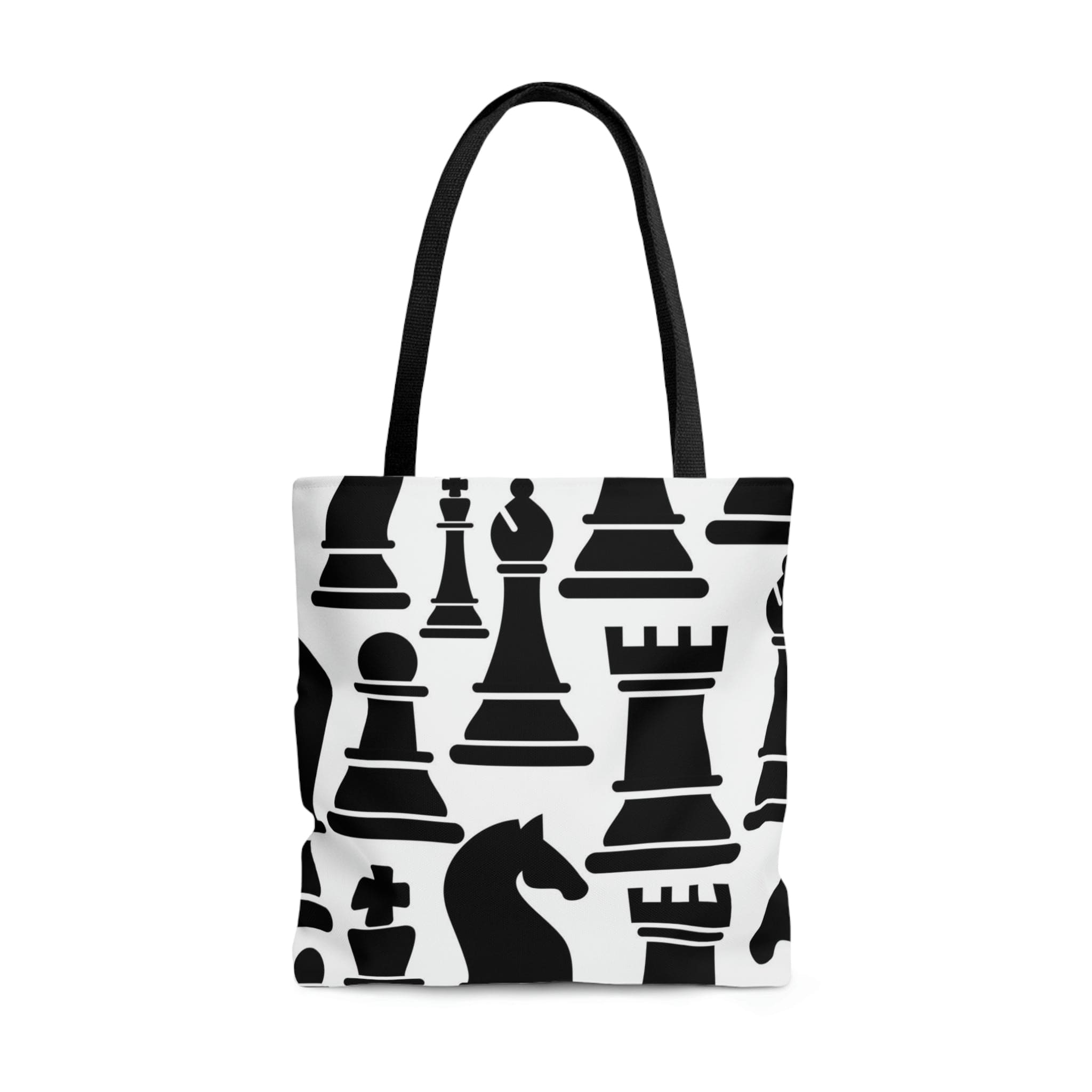 Stylish black and white canvas tote bag featuring a chess print design, perfect for casual outings and events.