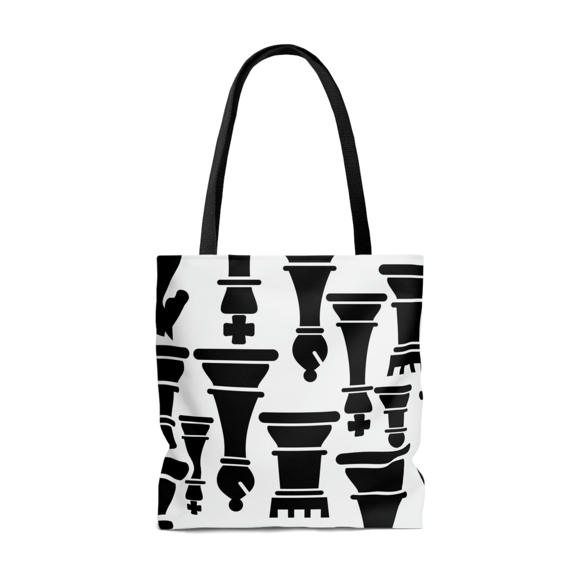 Stylish black and white canvas tote bag featuring a chess print design, perfect for casual outings and events.