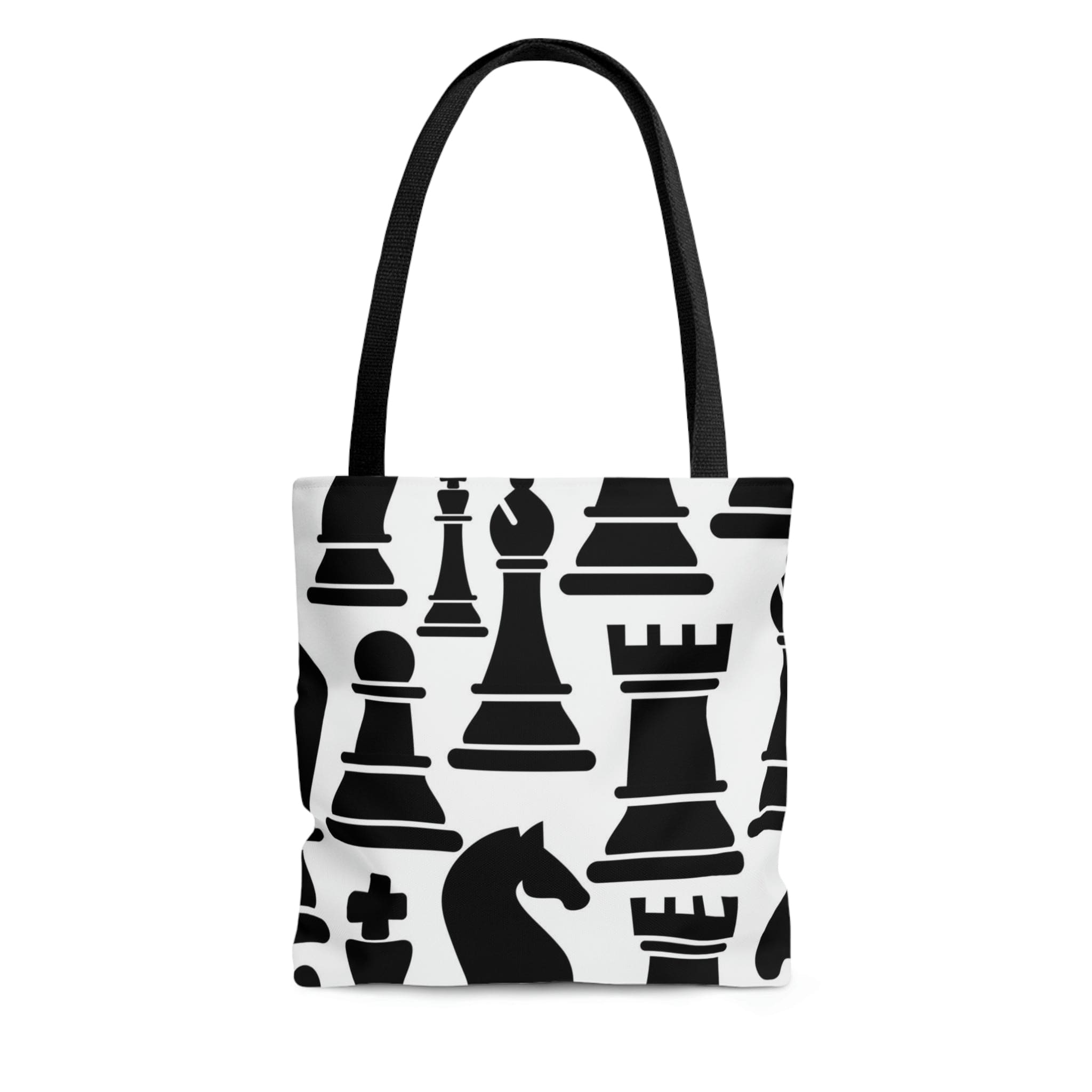 Stylish black and white canvas tote bag featuring a chess print design, perfect for casual outings and events.