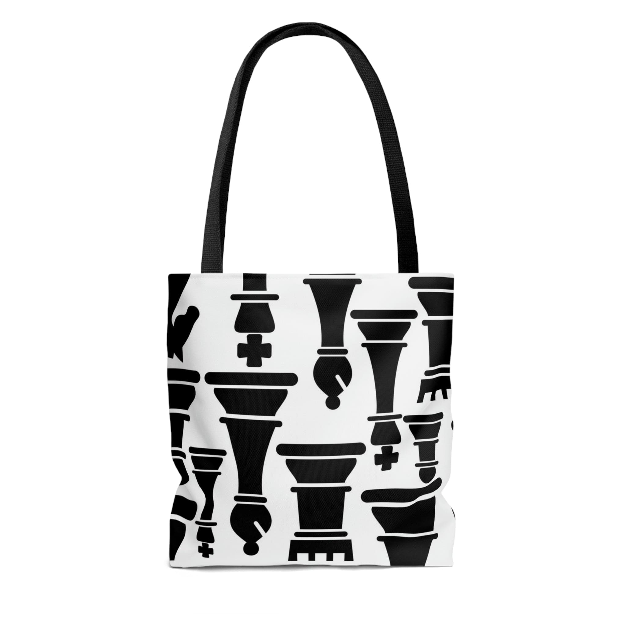 Stylish black and white canvas tote bag featuring a chess print design, perfect for casual outings and events.